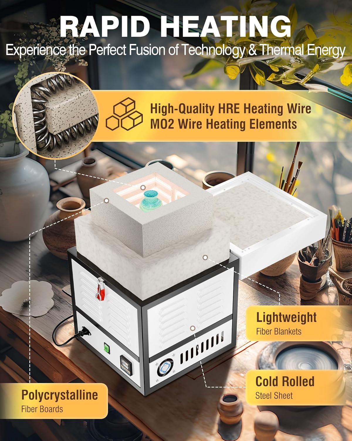 PYY Electric Kiln - 1500W Programmable Melting Furnace Oven Pottery Kilns, Hi-Temp Control 2200℉/1200℃, Melting Furnace with Vent Hole for Wax Casting, Clay Pottery Ceramic DIY, Glass, Jewelry Making