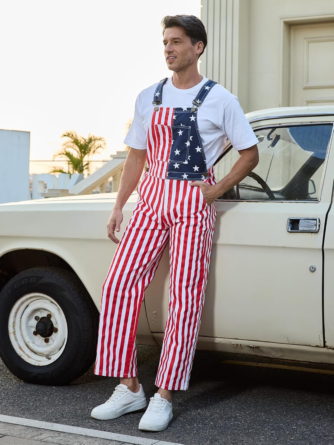 Men's Patriotic American Flag Overalls with Zipper Denim Adjustable Straps Bib Coveralls 4th of July Jumpsuit