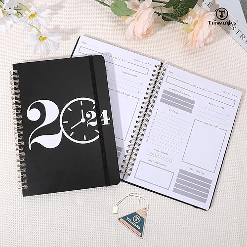 Miniatura 7 de TRIWORKS Agenda diaria 2024, bloc de notas, cuaderno de tapa dura, 150 páginas, planificador sin fecha, encuadernado en espiral, cierre elástico,