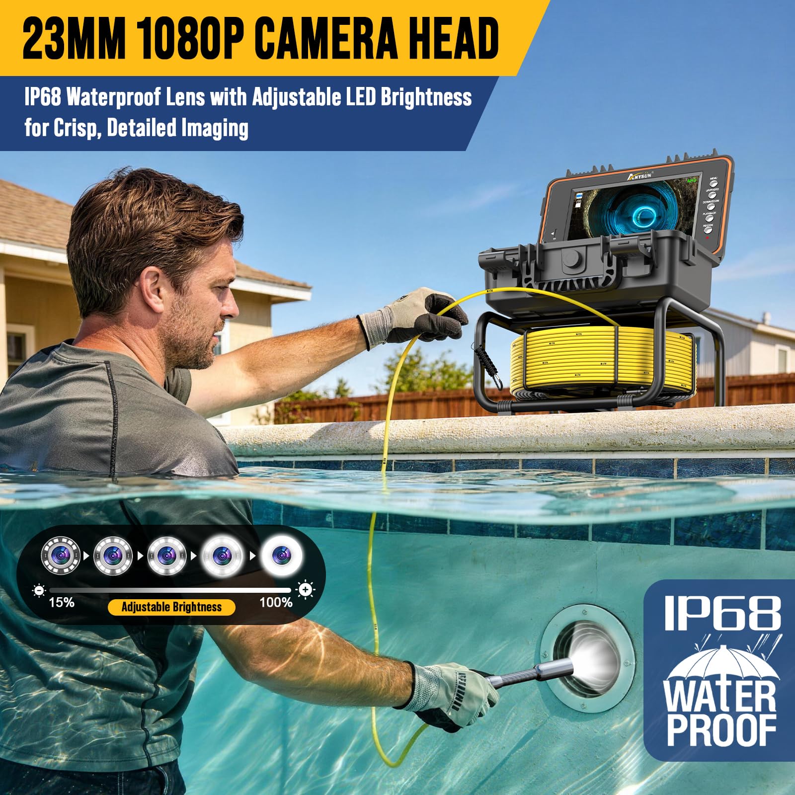 Anysun Cámara de Inspección 1080P, Auto-Nivelante Endoscopio Tuberías IP68 Impermeable con Transmisor 512Hz, Endoscopio HD IPS 9" con DVR, Cable con Marcado de Metros, Batería 5100mAh, Tarjeta 32GB