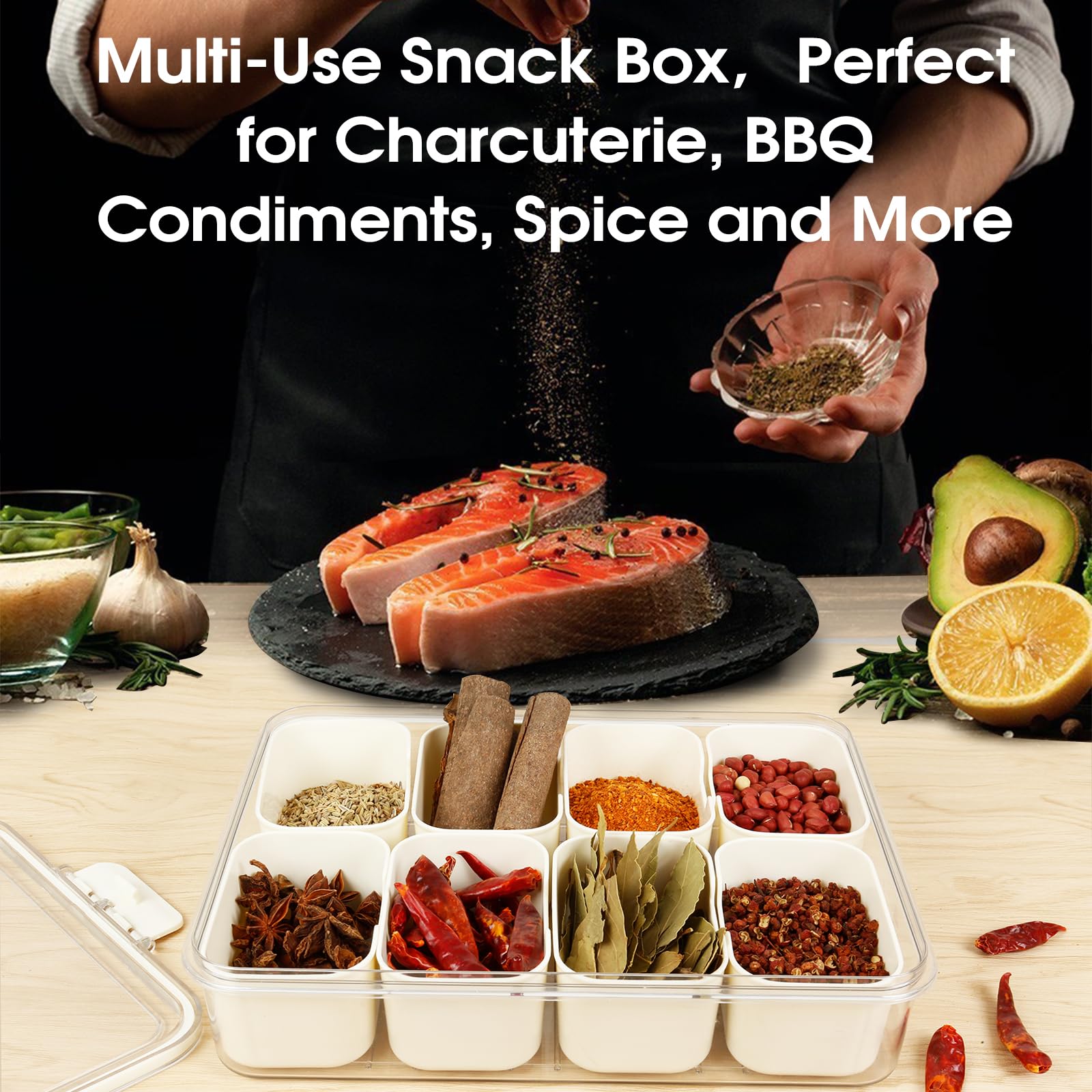Contenitore per snack con coperchio ermetico, 1 vassoio per alimenti diviso, organizer multi-scomparto per verdure, frutta e snack, impilabile, senza BPA, lavabile in lavastoviglie