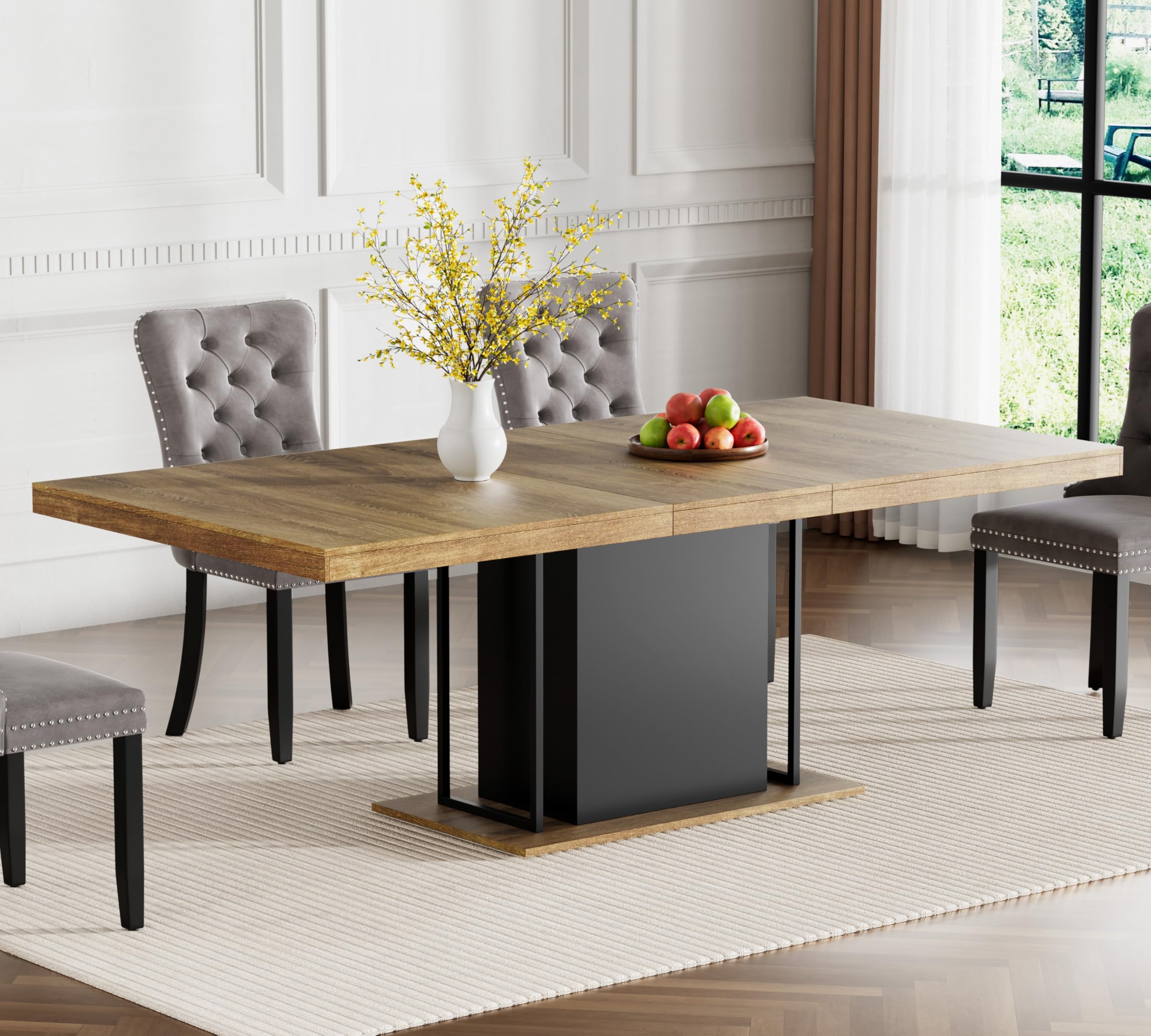 78.74" Extendable Dining Table for 6 8 10 Person, Farmhouse Expandable Dining Table Large Rectangle Wooden Expanding Table with Black Pedestal Base