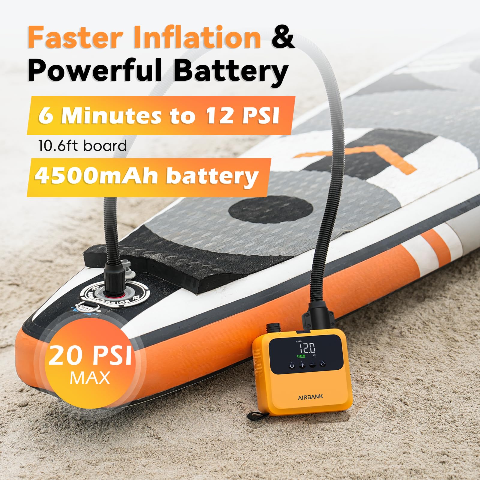 AIRBANK Mini Paddle Board Pump Pulse PRO, Super Piccola Pompa Ricaricabile SUP Portatile, Motore Brushless, Max 20PSI, Pompa dell'Aria per Kayak, Gonfiabili, Barche, Tende, Ali da Aquilone