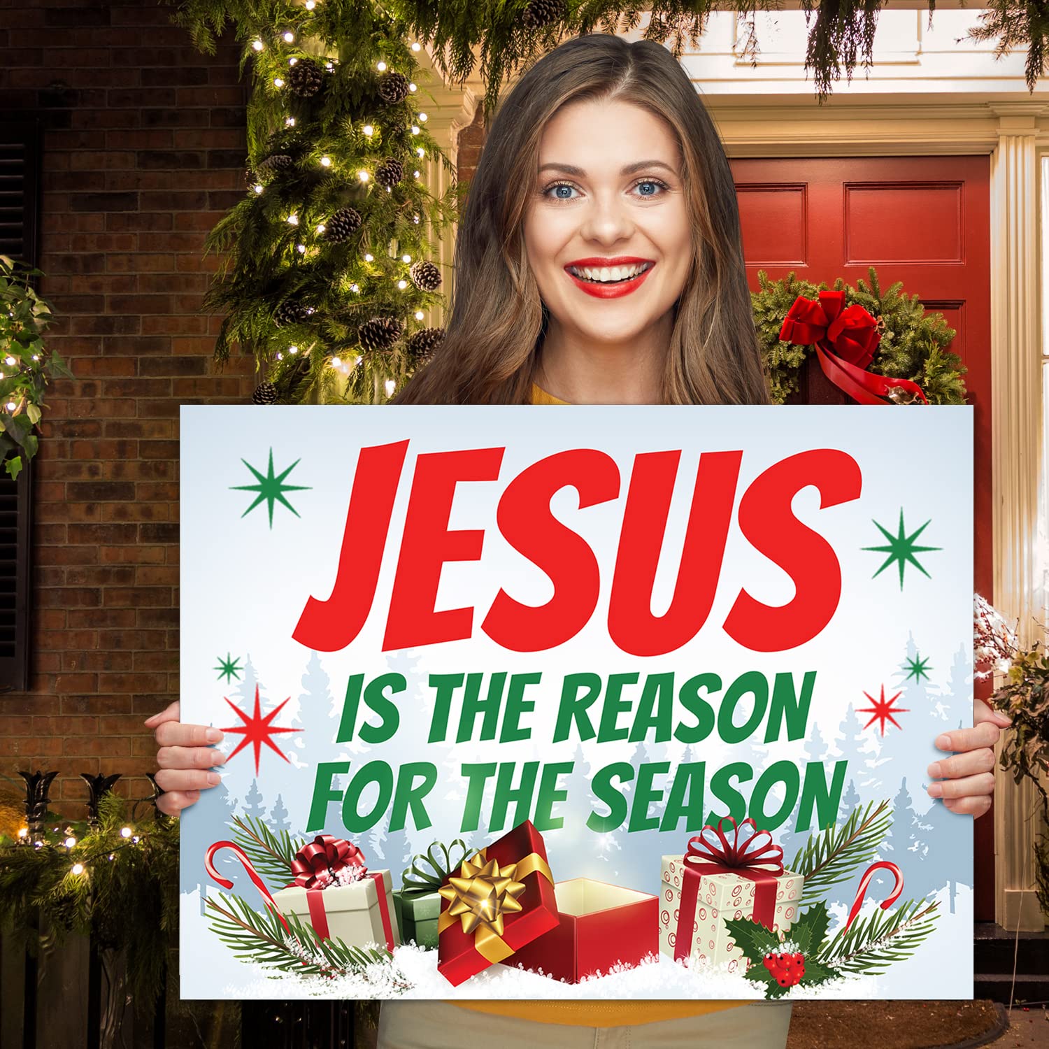 Jesus is The Reason for The Season Yard Sign, (2 Pack) Double Sided 18x24 Inches, Corrugated Plastic with Metal H Stake, Made in USA