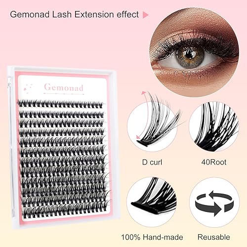 Miniatura 5 de Kit de extensión de pestañas individuales en racimo D, kit de extensión de pestañas 40D 0.315-0.630 in, mezcla de racimos de pestañas con unión de