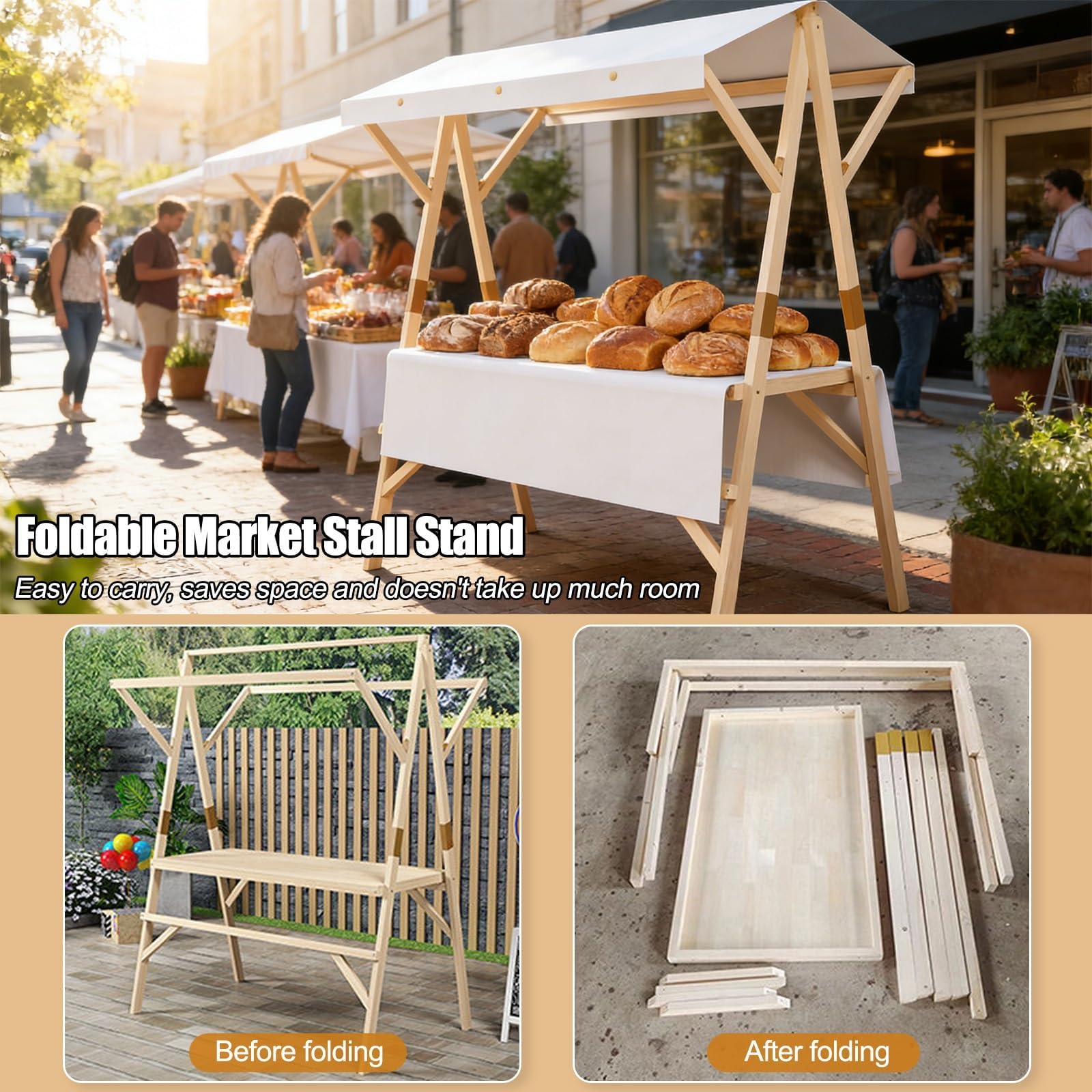 Generico Carretto Portatile per venditori con tettoia, bancarella in Legno Pieghevole per Eventi all'aperto, Street Food, Mercato agricolo, carretto Portatile da 59 Pollici per venditori e Catering,