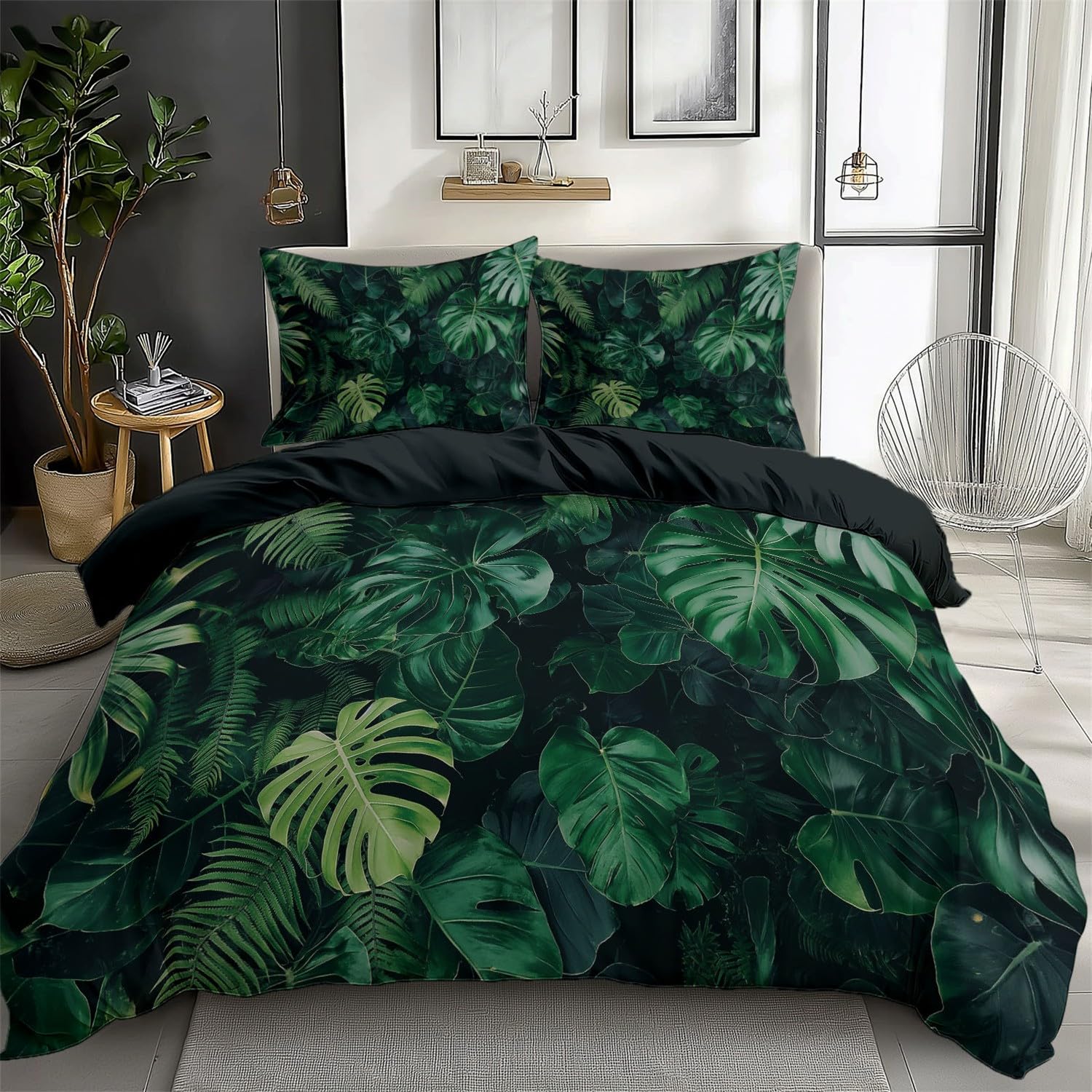 Pościel 240 x 220 cm, tropikalna poszewka na kołdrę, ÖkoTex, 3-częściowy, super miękka i nie wymaga prasowania, dwustronna pościel z mikrofibry i 2 poszewki na poduszkę 80 x 80 cm, zielona