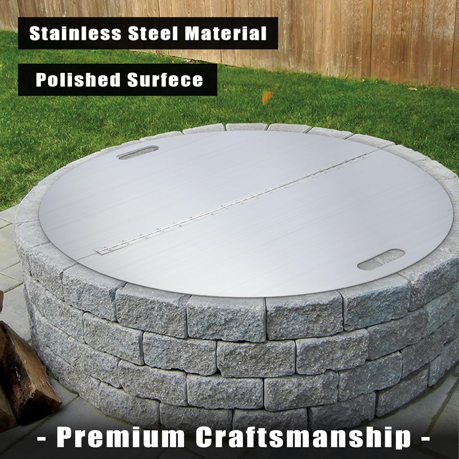 40" Fire Pit Lid Round Foldable Ring Stainless Steel Cover Edge With Built-in Handle Design