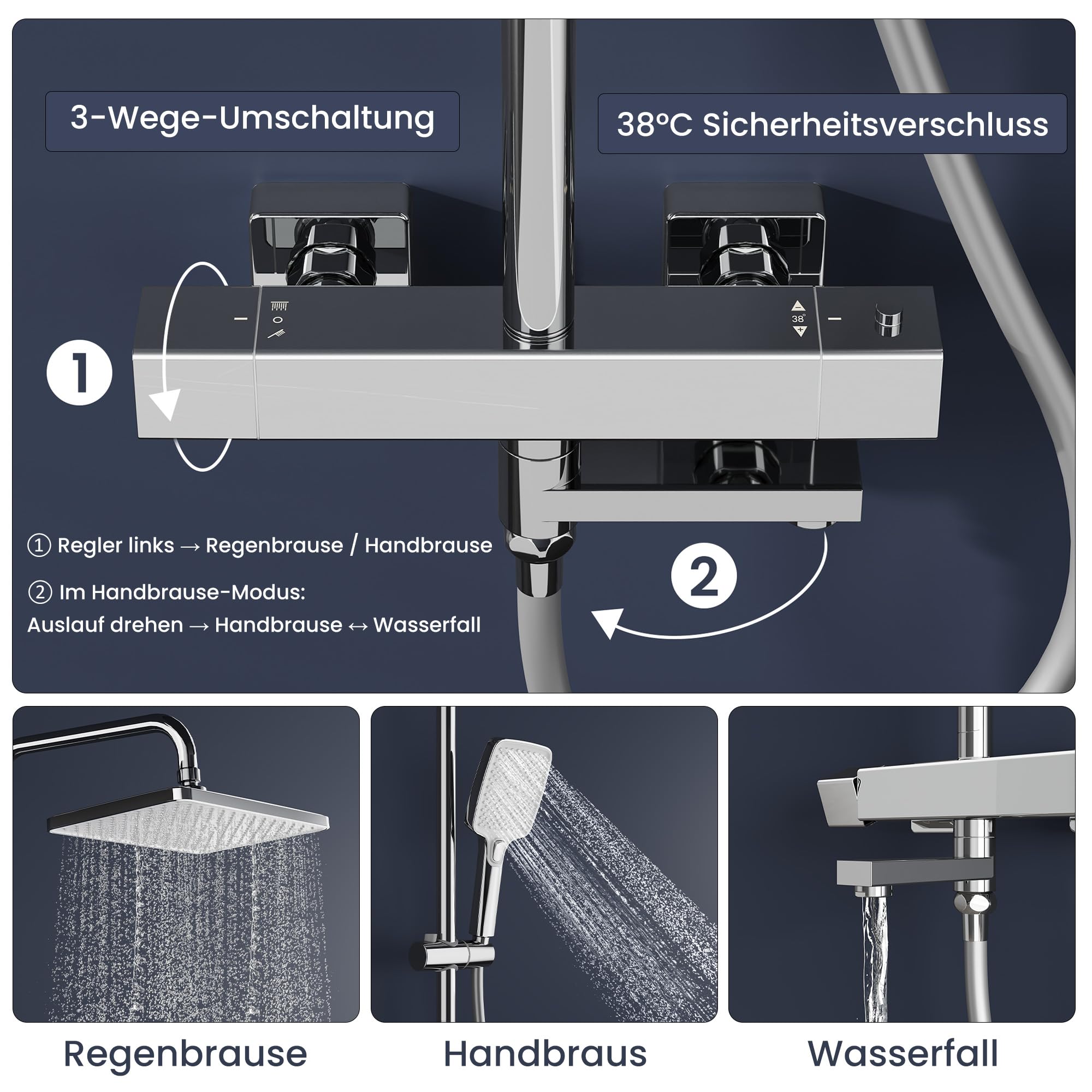 Garvee Duschsystem mit Thermostat Chrom, Duschset Regendusche Duschgarnitur Komplettset mit 304 Edelstahl Kopfbrause Armatur, 3 Strahlarten Handbrause, Duschstangen (Eckig 25x25cm)