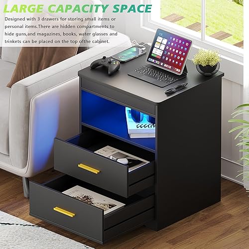 Miniatura 7 de JDPAG Mesita de noche LED con funda para pistola con bloqueo, mesa auxiliar con estación de carga, mesita de noche con luz LED regulable de 3