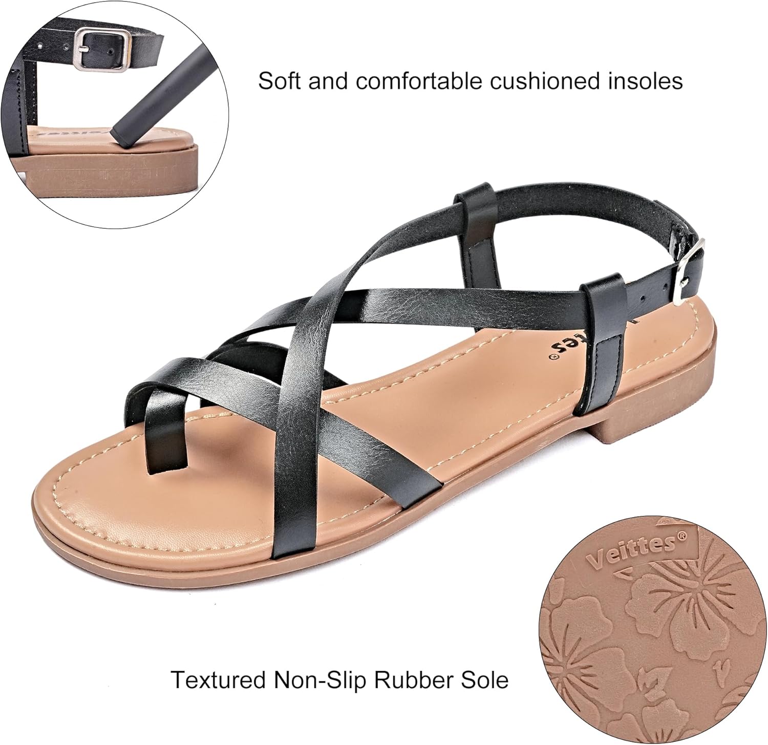 Veittes Women's Gladiator Flat Sandals, Criss Cross Ankle Strap Design, Non-slip Sole, Open Toe Summer Beach Toe Ring Thong Sandals - Image 5