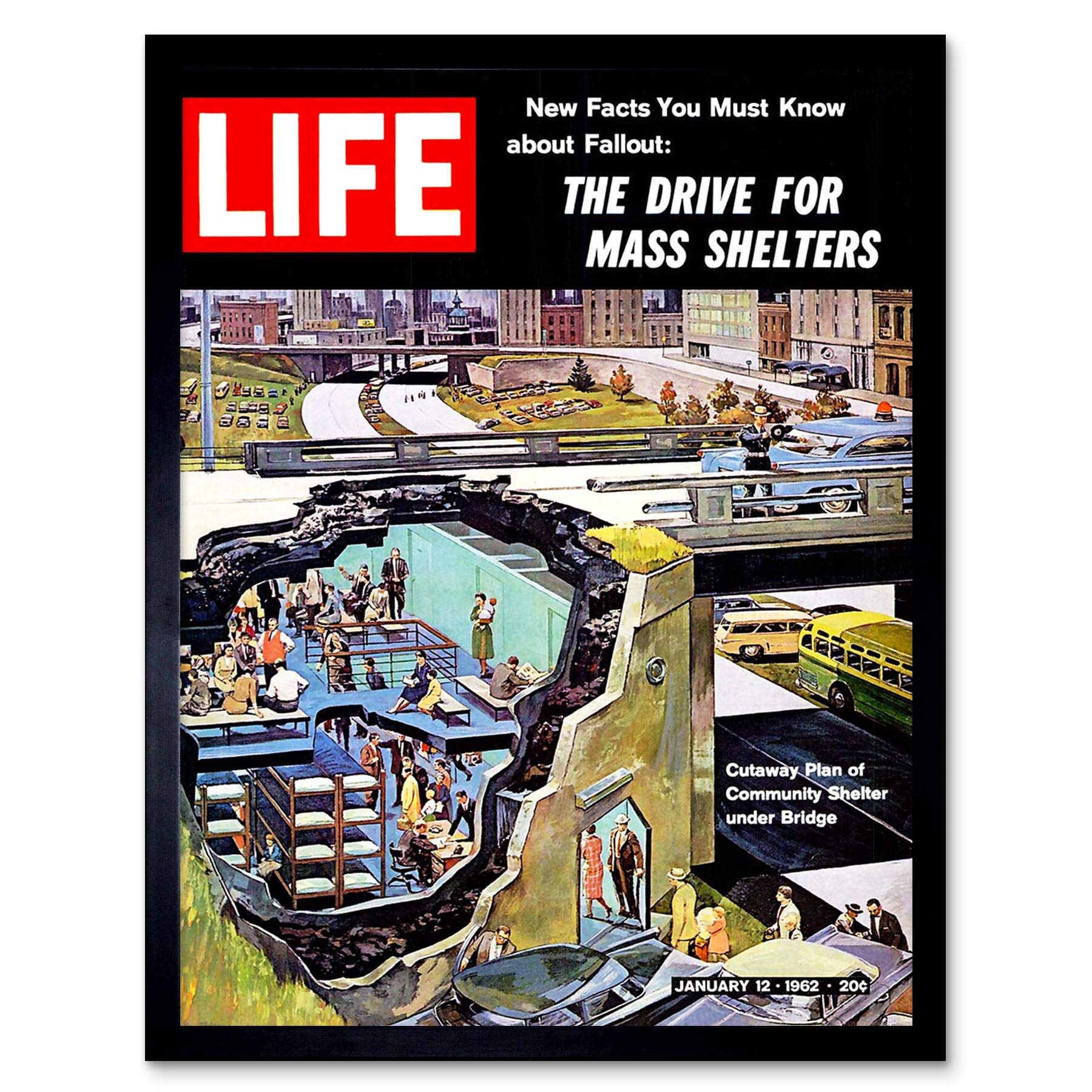Wee Blue Coo Vintage Magazine Cover Fallout Nuclear War Community Bomb Shelter Art Print Framed Poster Wall Decor 12X16 Inch