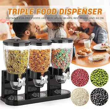 Greenfields Triple Dry Food Cereal Dispenser – Classic Storage Canister for Cornflakes, Candy, Sweets, Lentils, Nuts, Beans & Granola – Easy Control Kitchen Quick Dispenser, Black