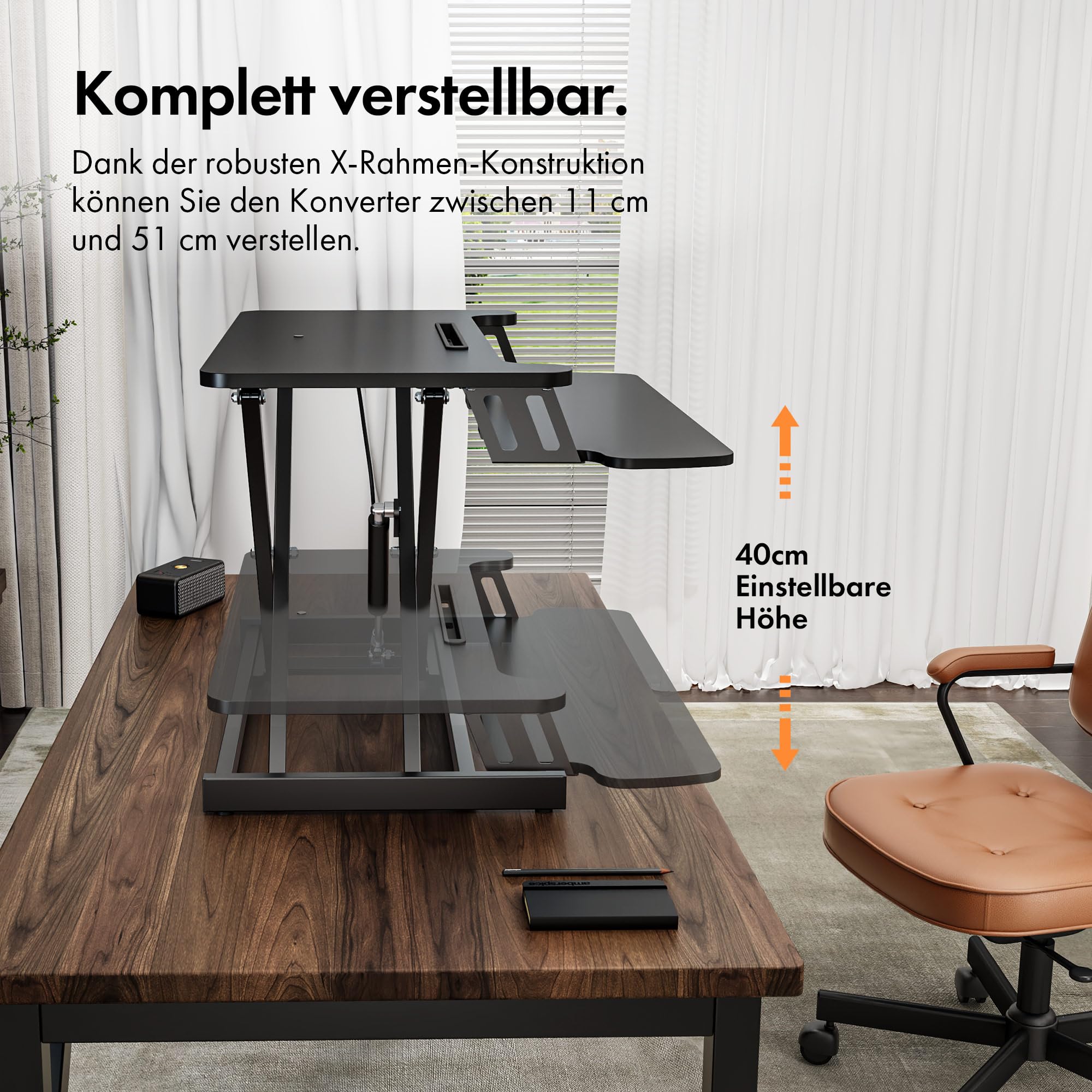 VonHaus Schreibtischaufsatz Höhenverstellbar, Schwarz 80 x 40 cm Steh-Sitz-Arbeitsplatz für Dual-Monitor mit Tabletfach, Stehpult-Konverter mit Zwei Ebenen, Schreibtisch erhöhung mit Tastaturablage