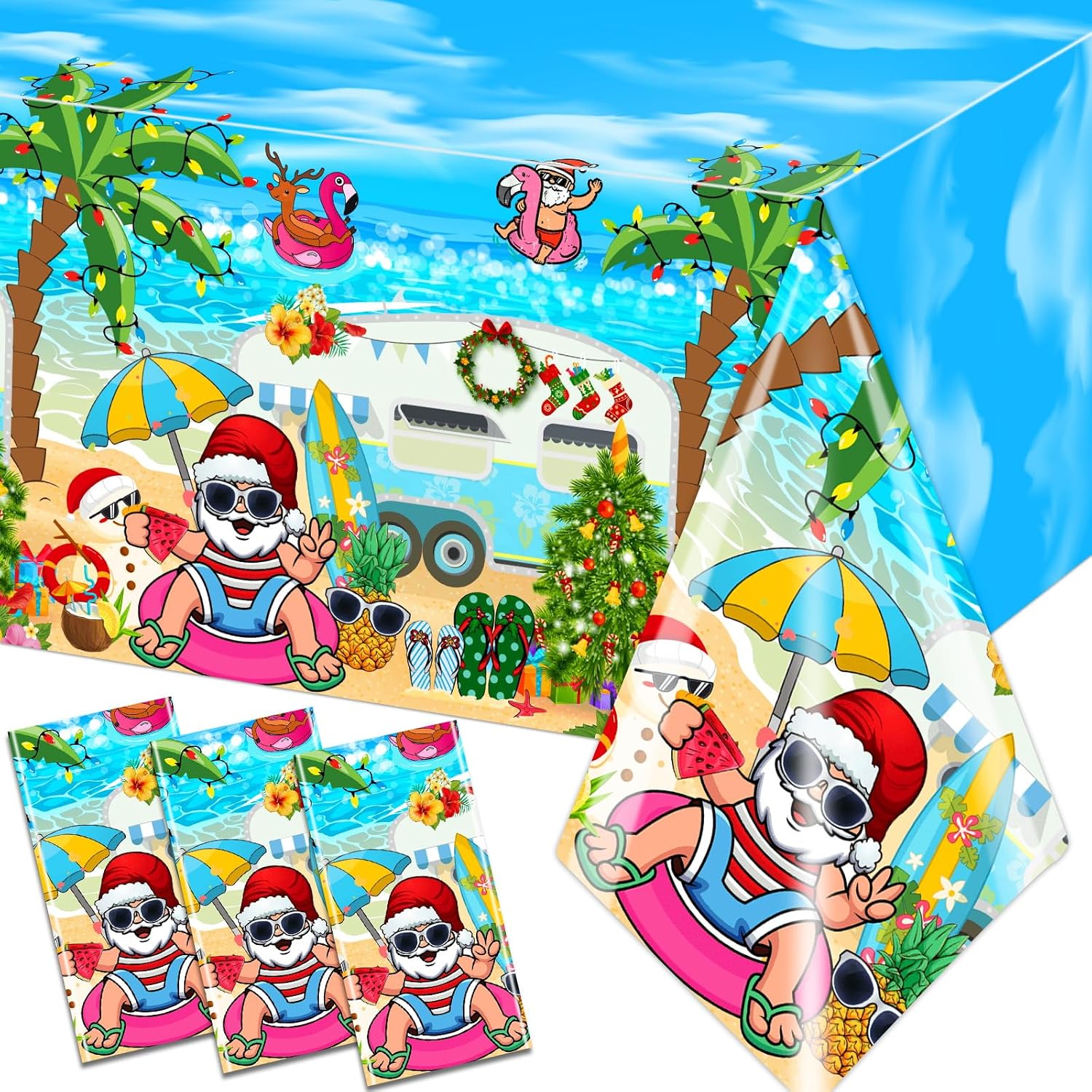 3Pcs Summer Christmas Tablecloths Decorations - Summer Beach Hawaiian Santa Table Covers for Pool Hawaii Mele Kalikimaka Tropical Christmas Luau Party Decorations