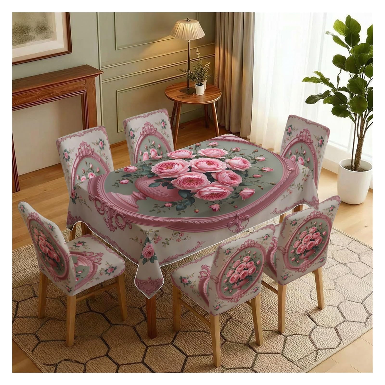 BOSUYBN Vintage Pink Rose Vase Baroque Oval Frame Printed Dining Tablecloth & Chair Covers Set, 5/7 Piece Elegant Romantic Victorian Dining Home Decor Table Setting(7pcs Set: Tablecloth+Chair Covers)