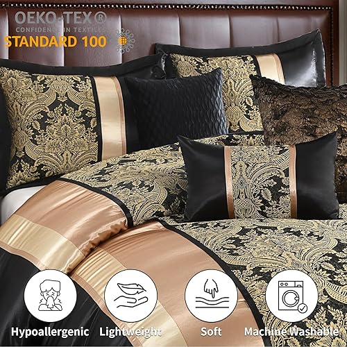 Miniatura 3 de SahSahCasa Juego de edredón de lujo de 7 piezas, cama en una bolsa, tamaño Queen, juego de ropa de cama jacquard sedoso y esponjoso con falda de