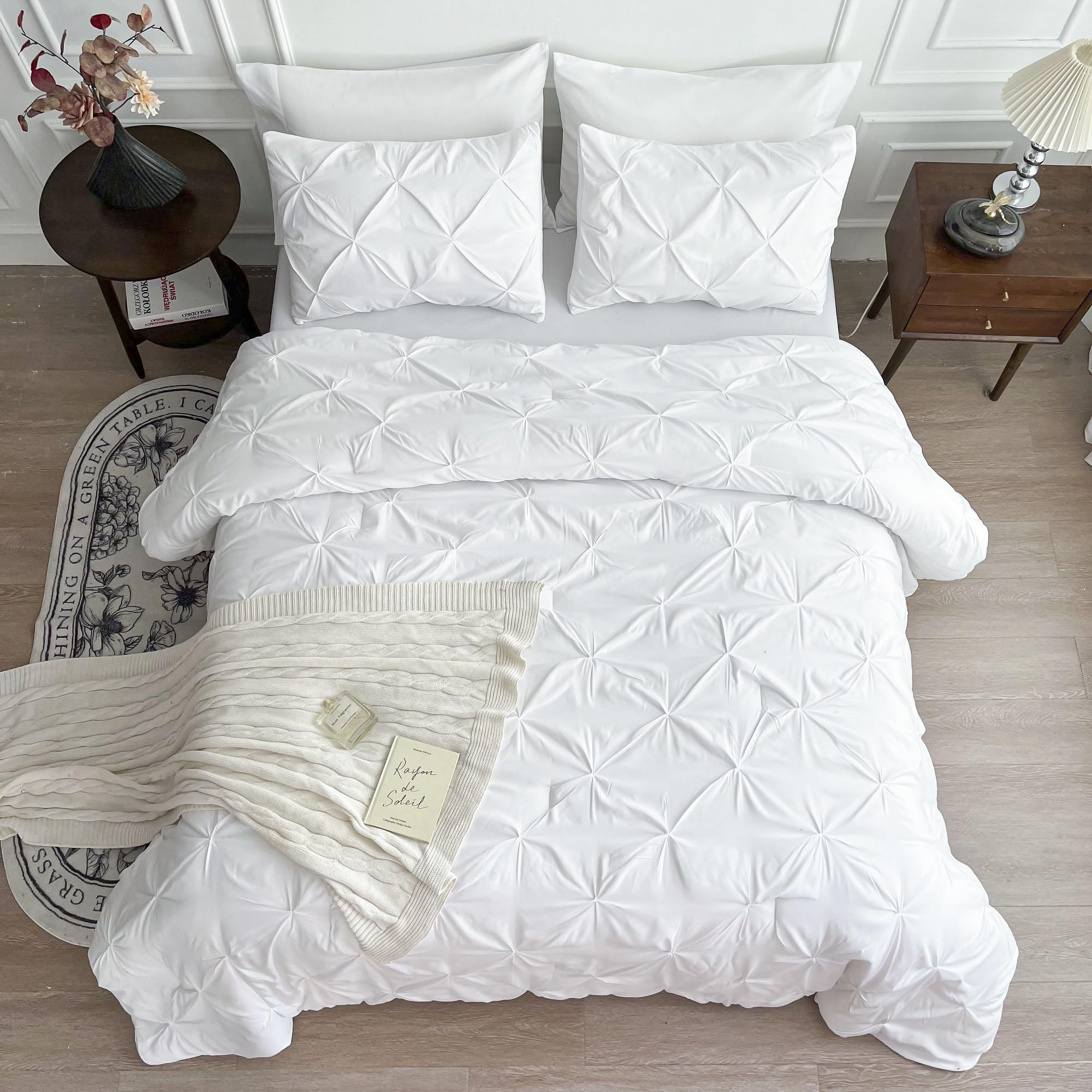 Maple&Stone Full Size Comforter Sets, 7 Pieces Bedding Sets Full, Pintuck Bed in a Bag Bed Set with Comforter, Sheets, Pillowcases & Shams - White