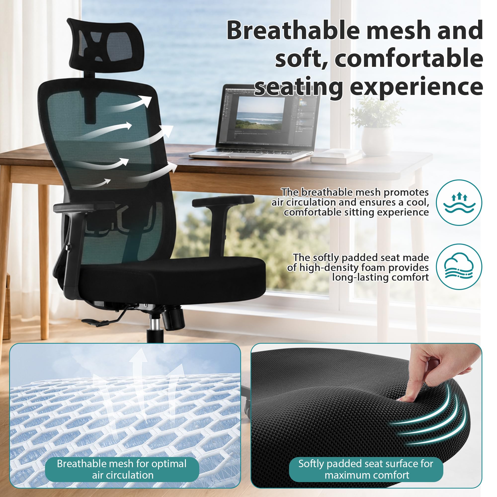Durrafy Silla de Oficina Ergonómica con Reposacabezas Ajustable, Reposabrazos, Soporte Lumbar, Altura Regulable y Oscilación de 130°, Silla de Escritorio con Capacidad de Carga de 150 kg