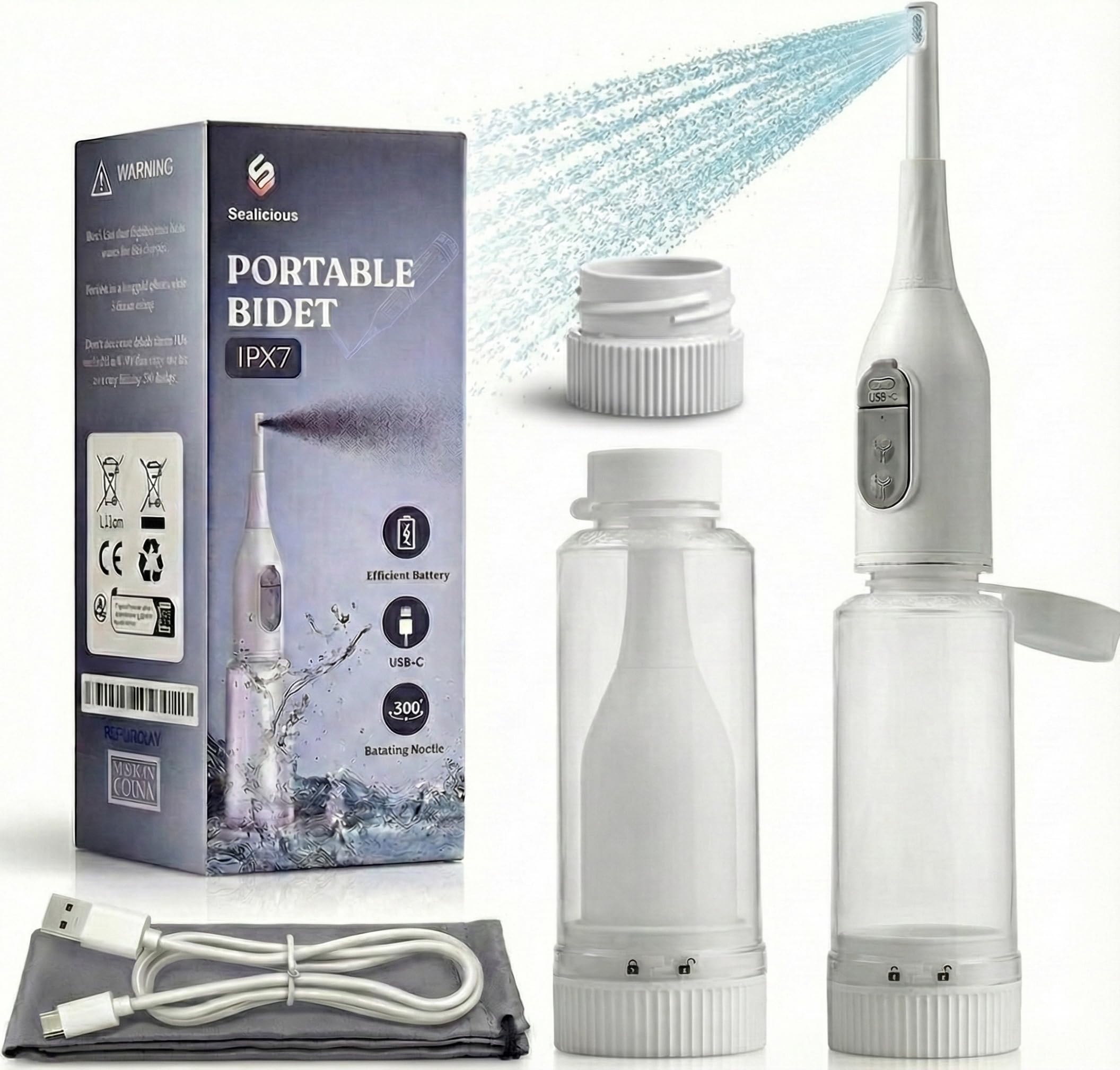 Portable Bidet Sprayer with 360 Nozzle USB-C Rechargeable Bidet Comes with 205 ml Water Bottle Dual Modes Waterproof