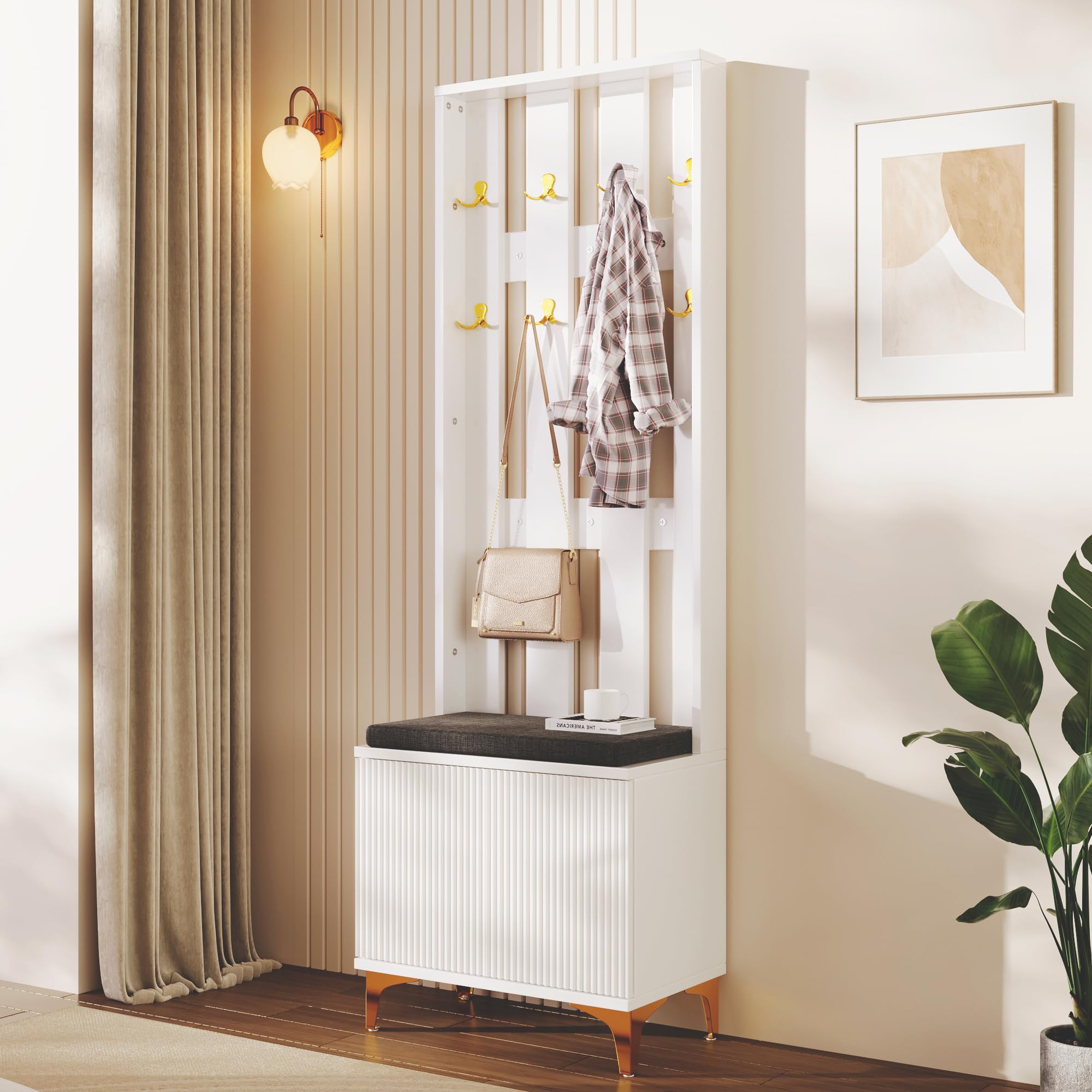 Merax Garderobe, Ensemble de vestiaire moderne avec banc et coussin, vestiaire avec étagère à chaussures pour couloir, 60,5 L x 180,5 H x 35,2 B cm, Blanc