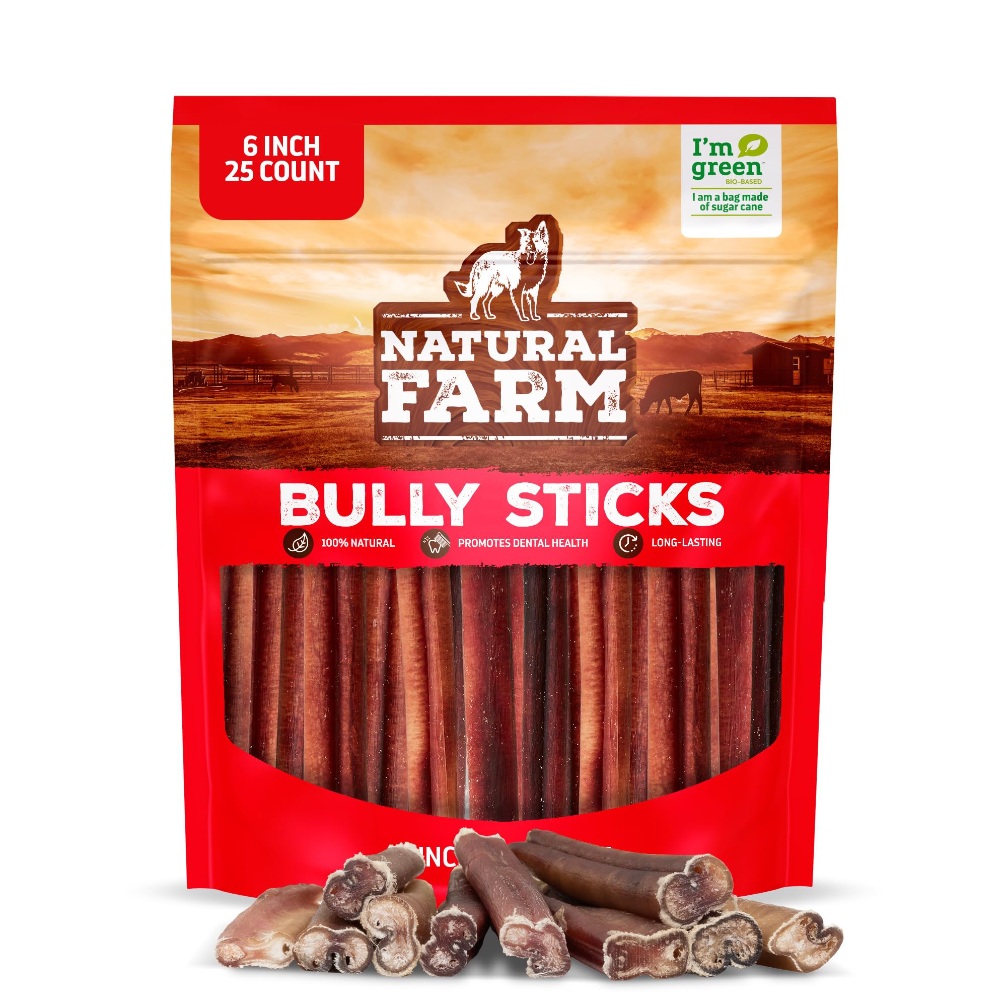 Natural Farm Odor-Free Bully Sticks (6 Inch, 25 count),1.3 lb. Bag, Fully Digestible 100% Beef Pizzle Chews,Grass-Fed, Non-GMO,Grain-Free, Natural Long-Lasting Chews for Small & Large Dogs. Pack of 25 6-inch 25 Count (Pack of 1)