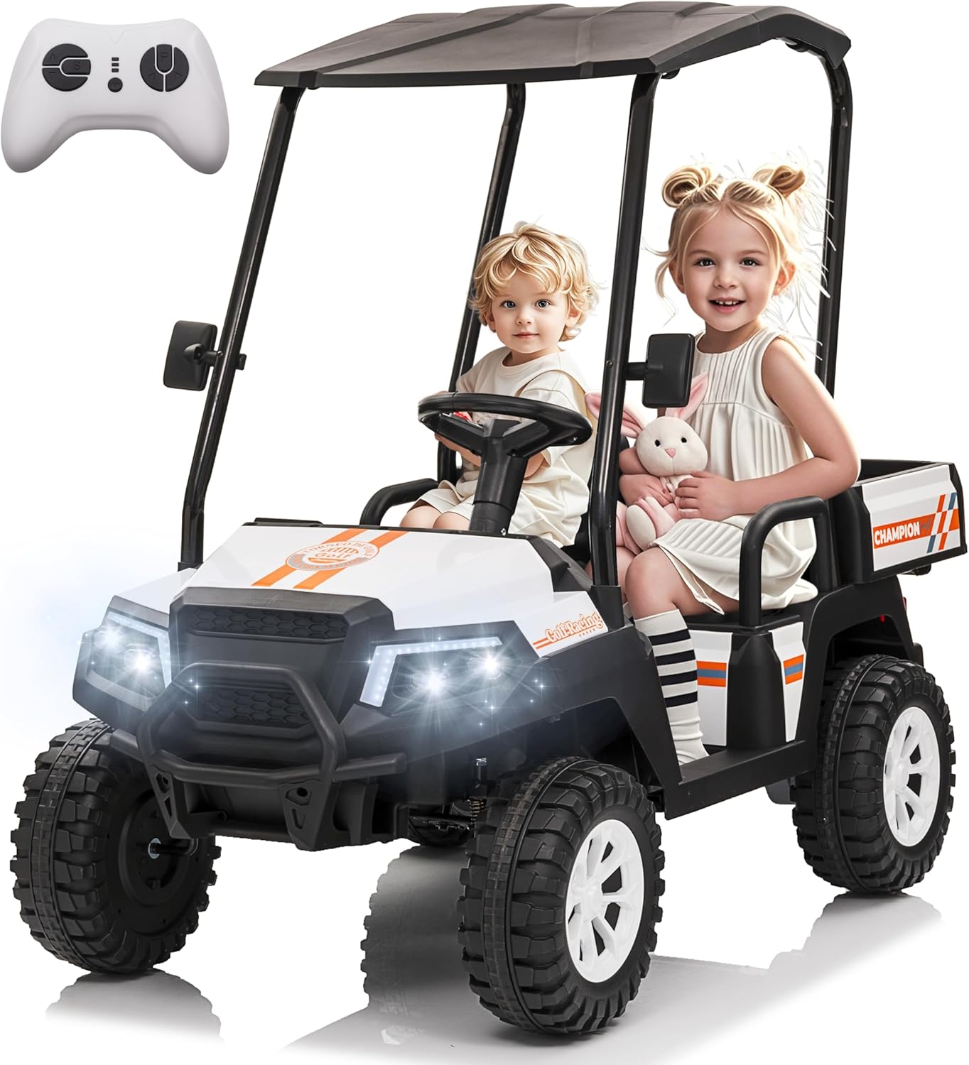 2 Seater 12V Ride On Toy Truck Golf Cart for Big Kids w/Roof, Sun Shade, Storage Trunk, 2WD, Parent Remote Control, 3 Speeds, LED Lights, Bluetooth & Music (White, 12V)