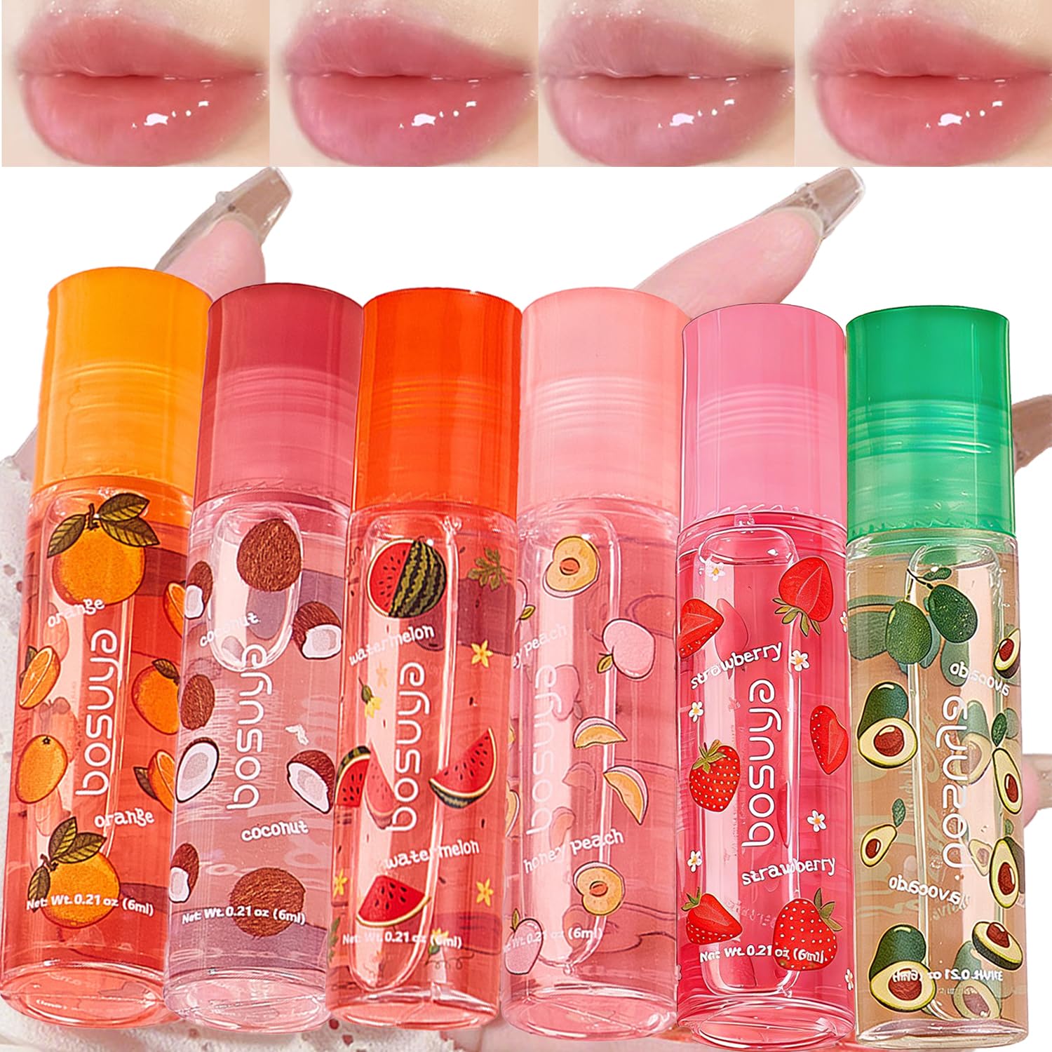 Baorder 6 Pcs Roll On Lip Gloss Set,Fruity Flavors Moisturizing Lip Stain,Transparent Plumping Lip Oil,Hydrating Shine,Lip care,Party Gift for Women Pink 1 Fl Oz (Pack of 6)