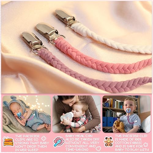 Miniatura 24 de 7 clips trenzados para chupete, clips para chupete para niños y niñas bebés, clip de soporte para chupete Transparente,Gris,Multi,Rosa-N,Verde