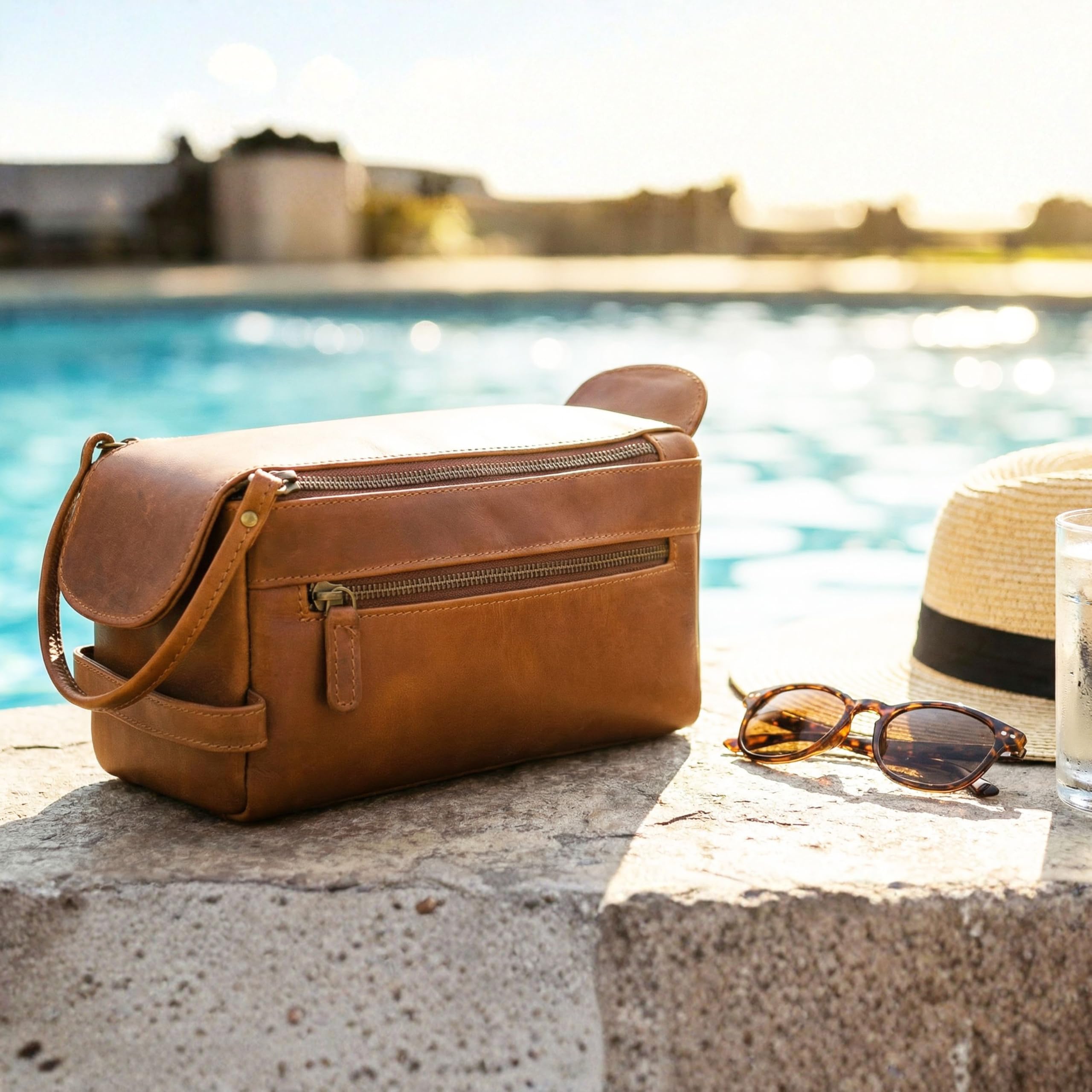 Leather & latch Beauty case unisex in pelle vintage di alta qualità, kit da viaggio per rasatura e cosmetici, organizer per uomini e donne (marrone cognac)