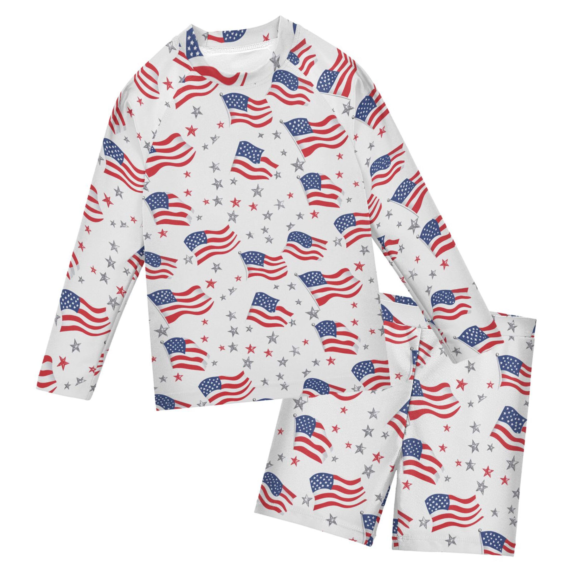 July 4th Independence Day American Flag Baby Boys' Toddler Long Sleeved Rashguard Swim Bathing Suit Set B0404594