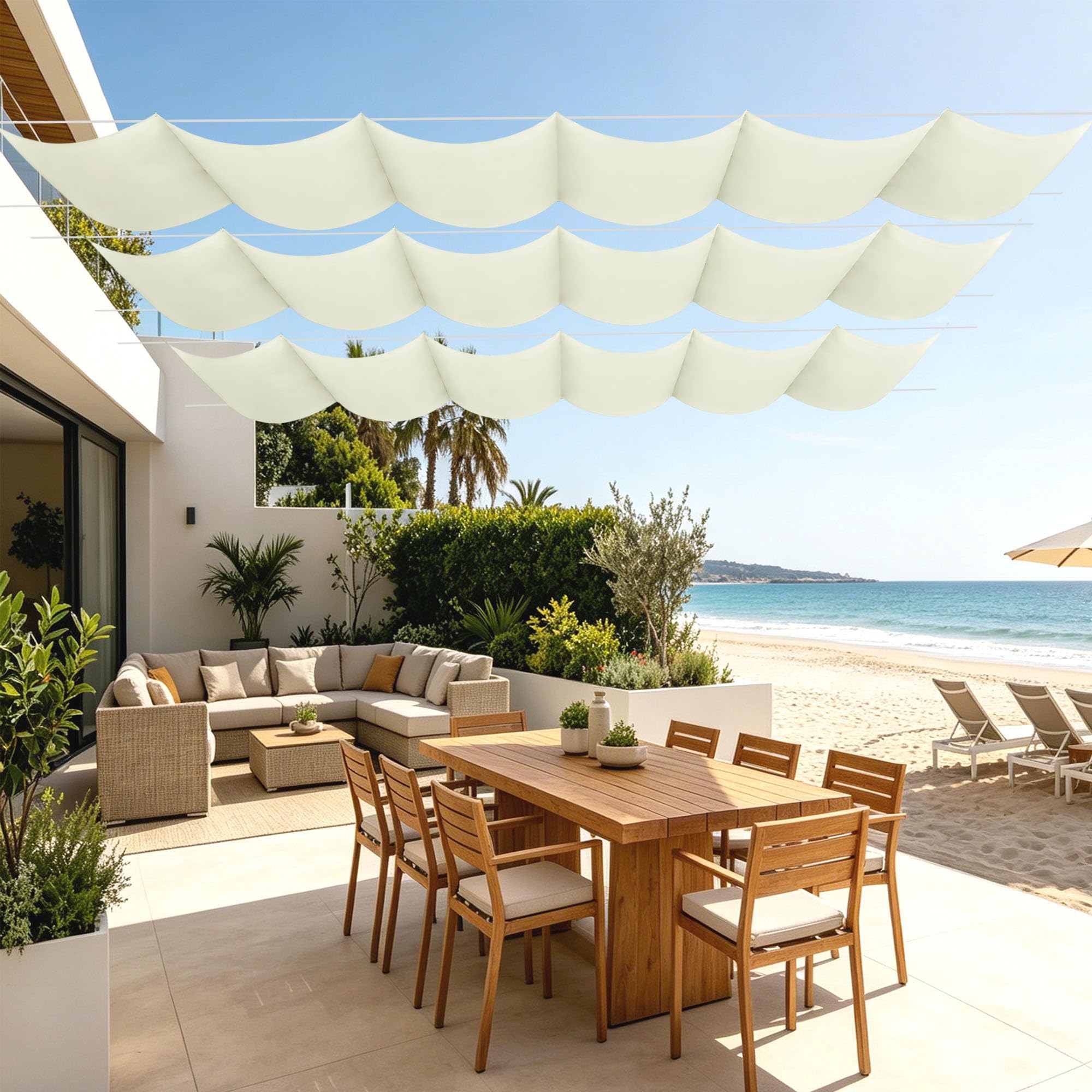 Voile d'ombrage vague rétractable contre la chaleur et la pluie sur la terrasse