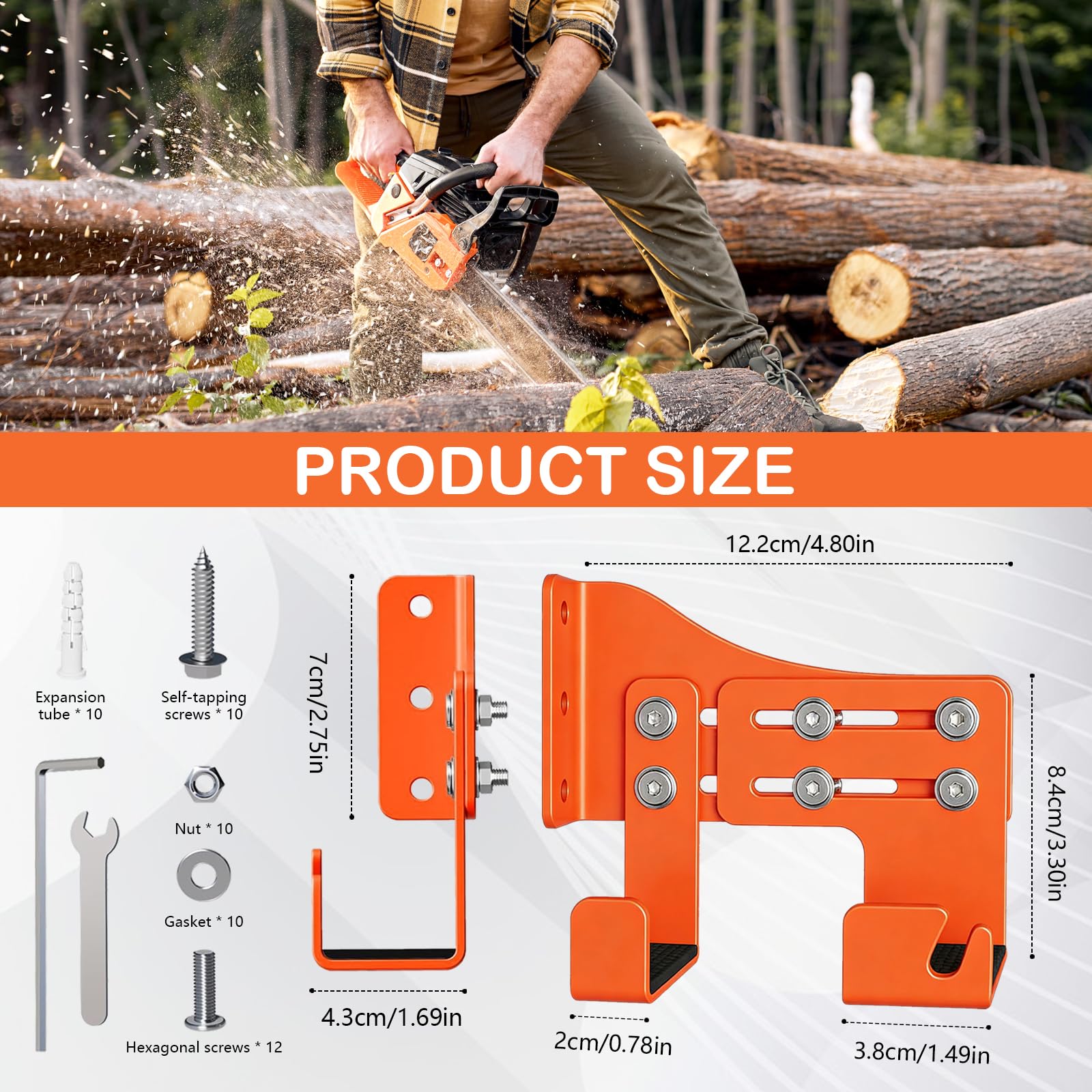 2 Piezas Ganchos para Motosierra, Soporte Ajustables para Motosierra con Doble Gancho, Soporte Organizador Herramientas Pared Colgador de Motosierras para Jardín, Garaje, Taller