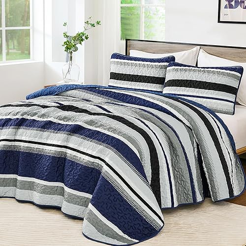 WONGS BEDDING Quilts Queen Size, Navy Blue Quilt Bedspread Bedding Set, Summer Queen Coverlet Sets with Shams, 3 Pieces Lightweight Striped Quilt for Bed(96"x 90")