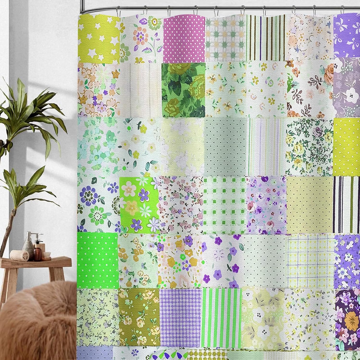 Boho Floral Shower Curtain, Rural Wildflower Splicing Shower Curtains, Home Decoration Art Shower Curtain, with Hooks, Waterproof Washable Upgraded Polyester Fiber Belt, 72x78 in, 12 Hooks