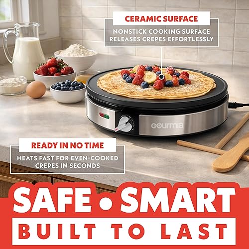 Miniatura 3 de Gourmia Máquina de crepas de 12 pulgadas, plancha eléctrica antiadherente para panqueques, omelettes y más, control preciso de temperatura con luces