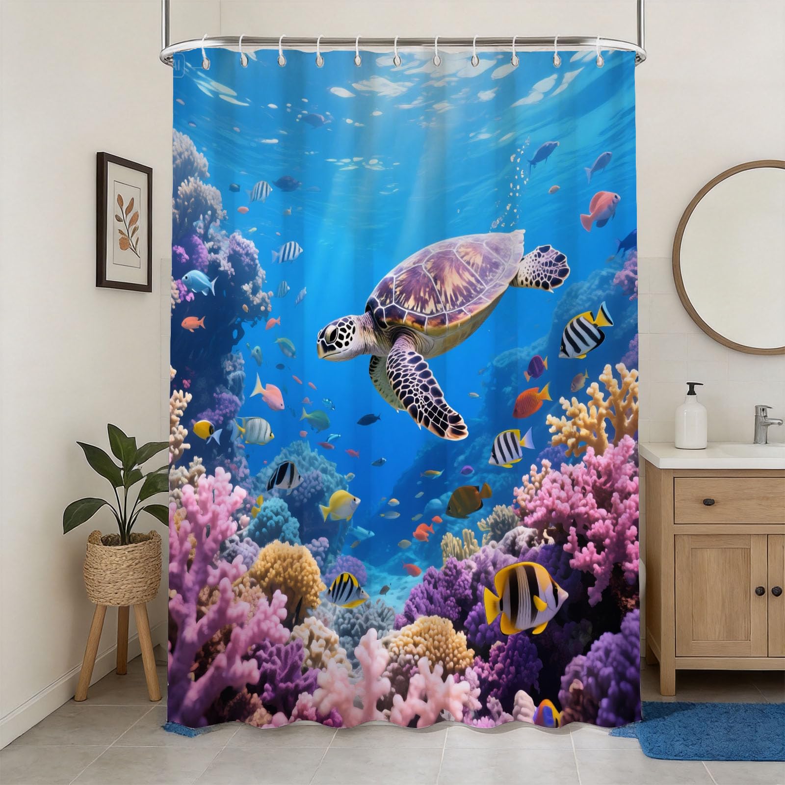 Hongduo 3D Sea Turtle Coral Reef Shower Curtain for Stalls Bathtubs the Underwater World Bathroom Decor Shower Curtain Set Polyester Fabric Waterproof 180x180cm/71X71 Inch with Hooks