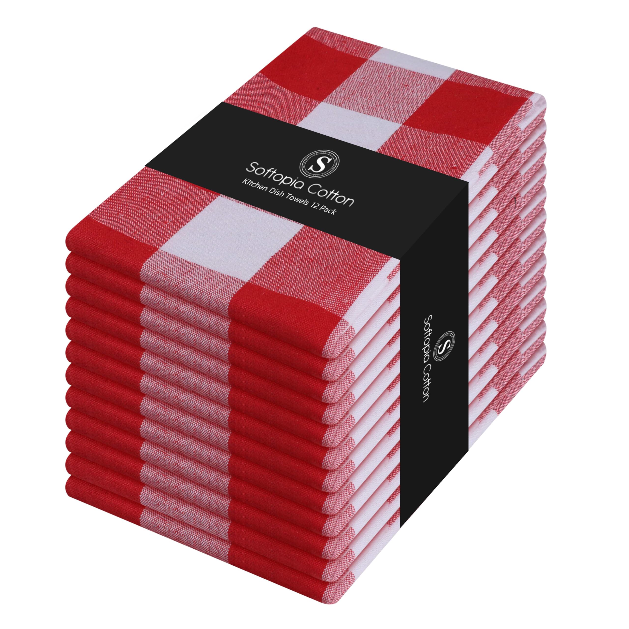 Red Buffalo Check Plaid Kitchen Towels, 12 Pack, 100% Cotton, 16x26 Inches, Super Absorbent, Quick Dry, Soft, Lint-Free, Dish Drying &amp; Cleaning Towels with Hanging Loop, Red and White
