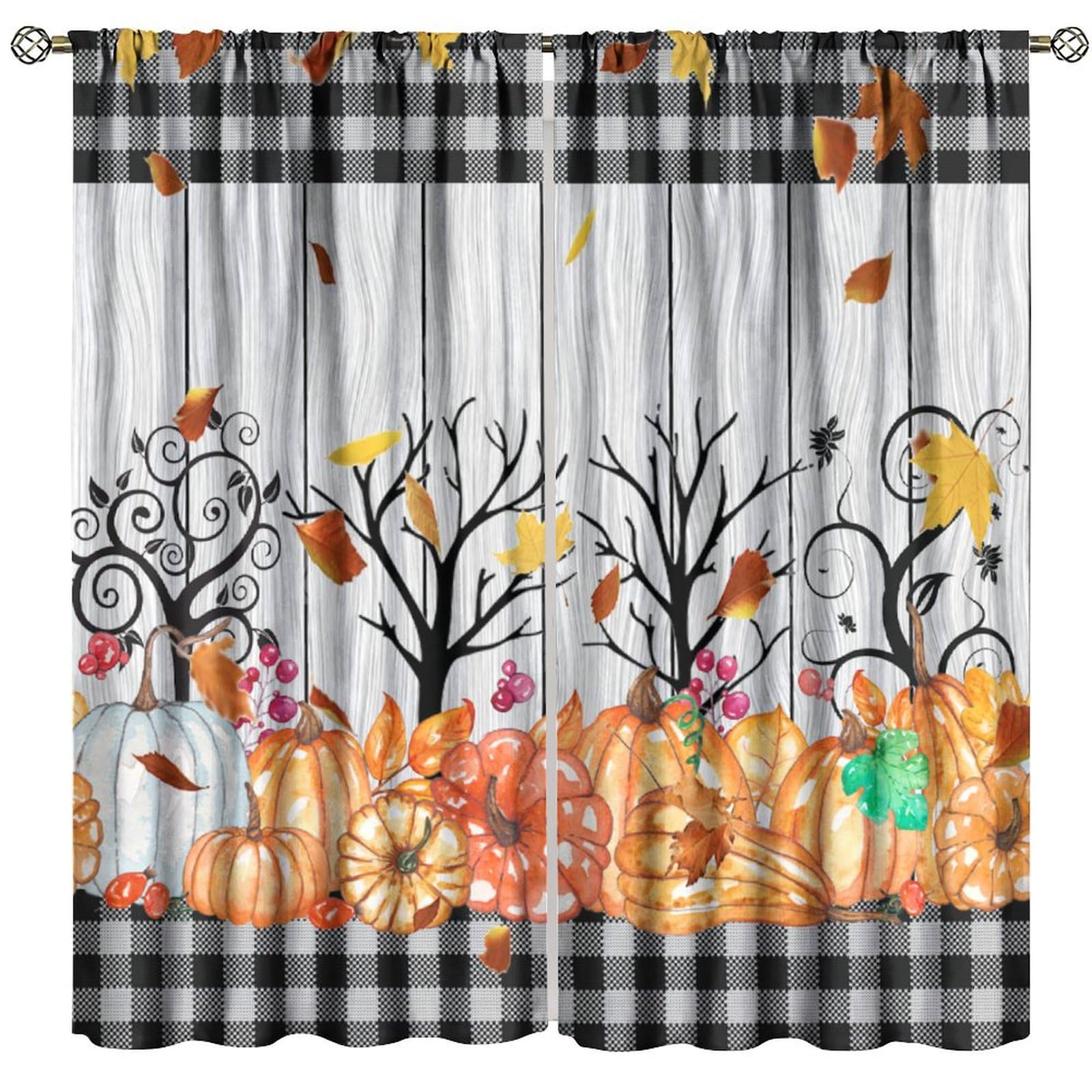 BenYaSong Fall Harvest Blackout Window Curtain Autumn Pumpkin Sunflower Maple Tree Leaves Rustic Plaid Thanksgiving for Home Kitchen Restaurant Decoration Window Curtain 2Panel 52" W X 96" L