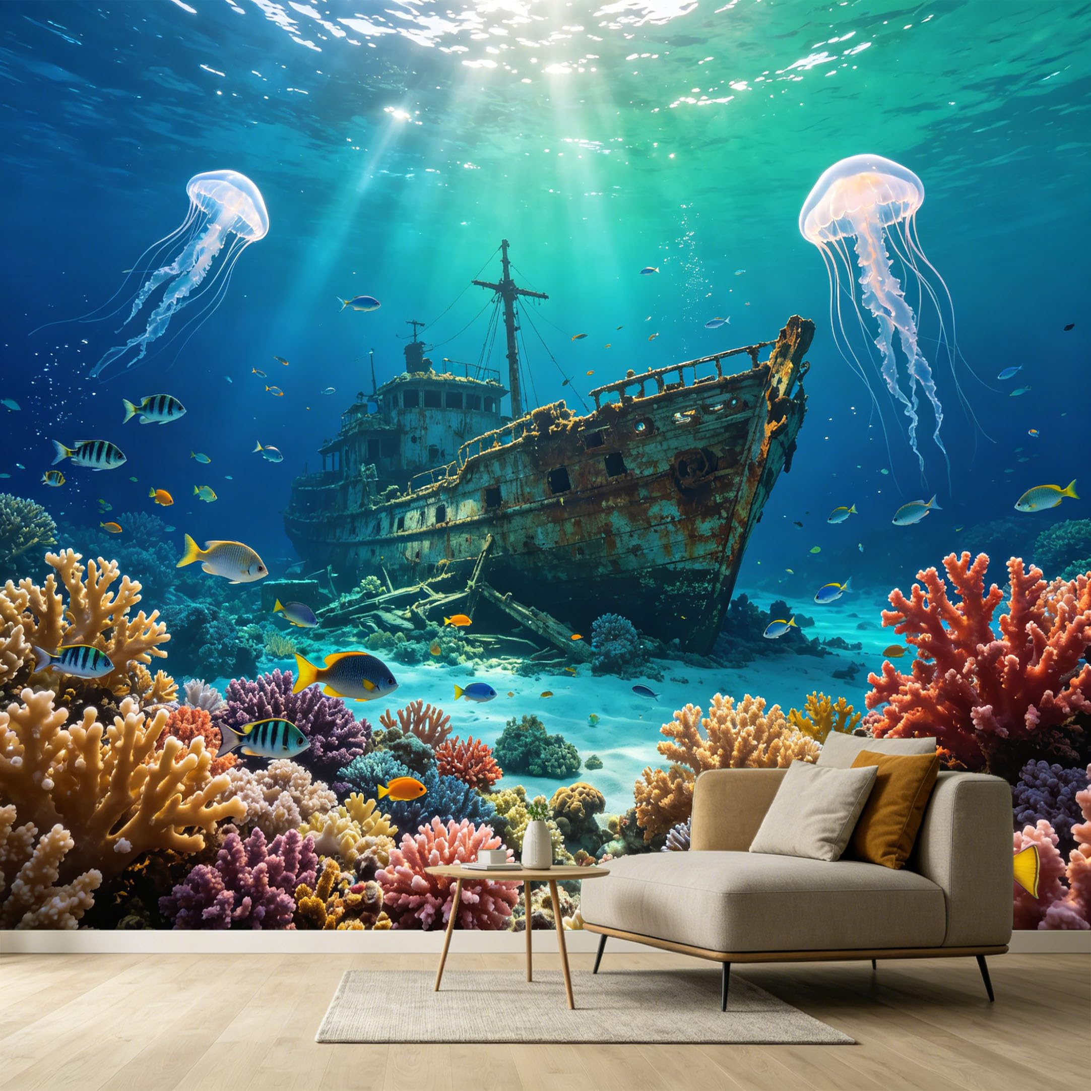 Custom Size Wall Murals Ocean Marine 3D Underwater Shipwreck Jellyfish Coral Reef SelfAdhesive Wall Fabric Removable Large Wallpaper for Photo Living Room