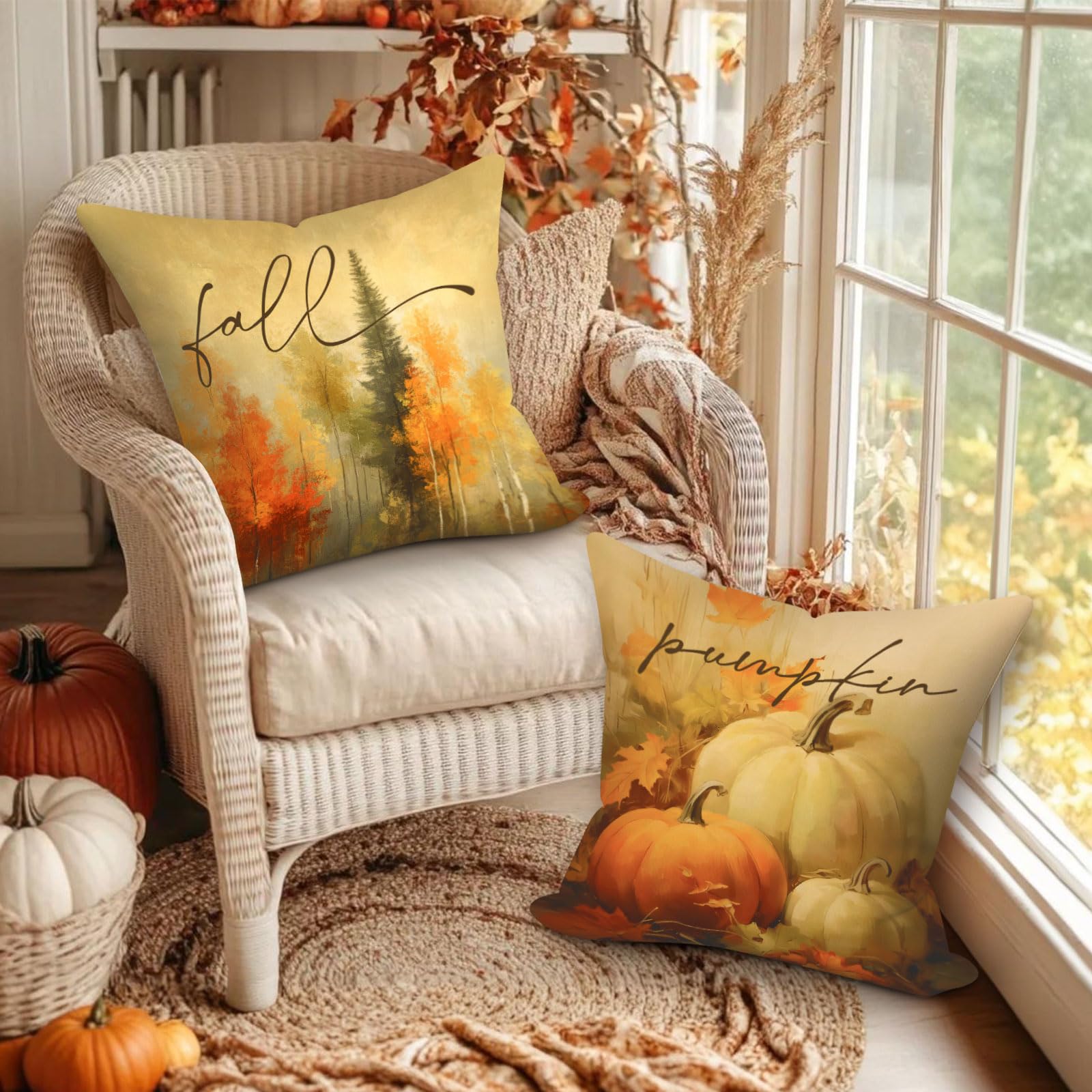 Benjia Juego de 4 Fundas Cojin Otoño 45x45 cm, Acuarela Calabaza Forest Hoja de Arce Fundas de Almohada día de Gracias Halloween sofá Decoración Hogar 45 x 45 cm Decorativa de Almohada de Vacaciones
