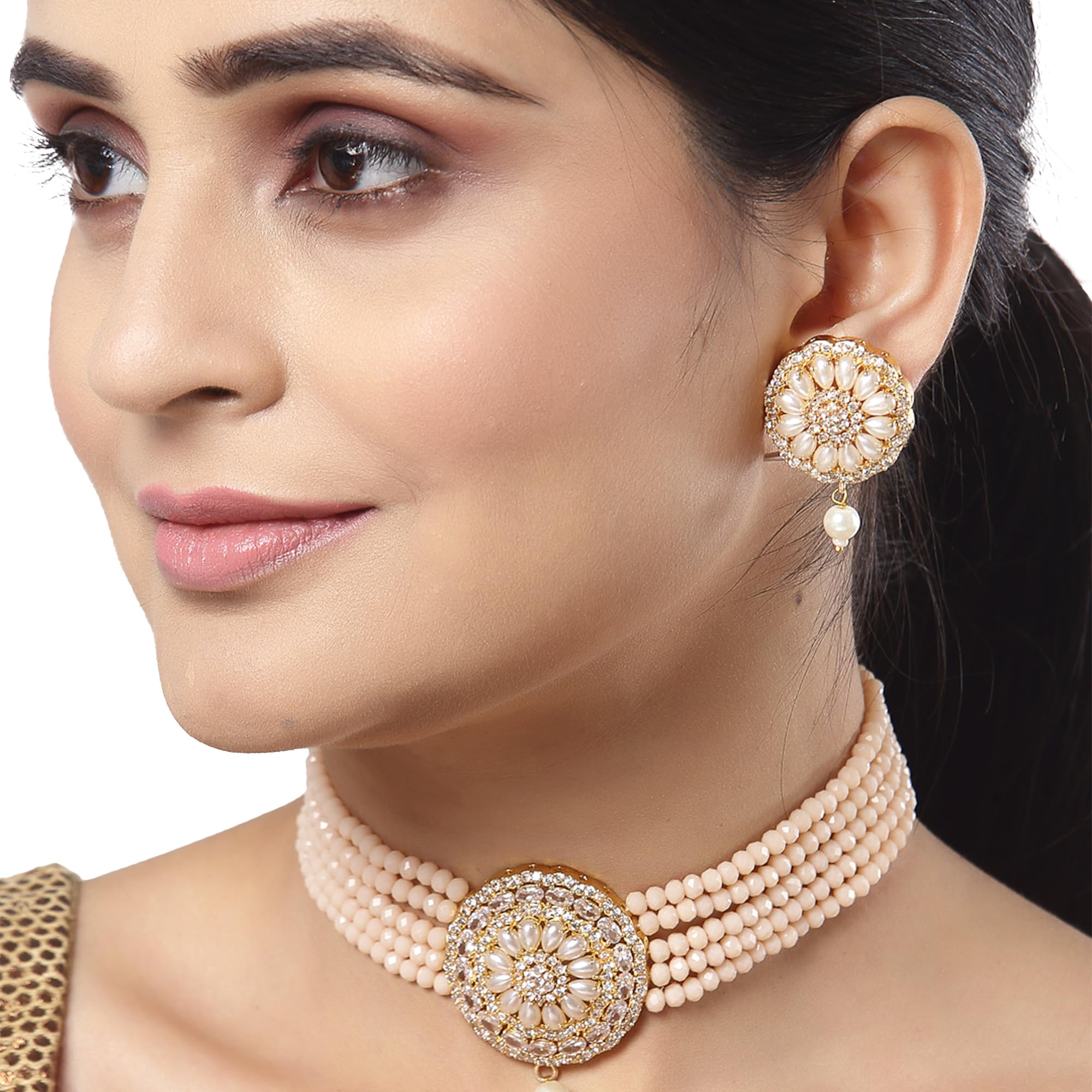 American Diamond Pearl Choker Necklace Earring Set