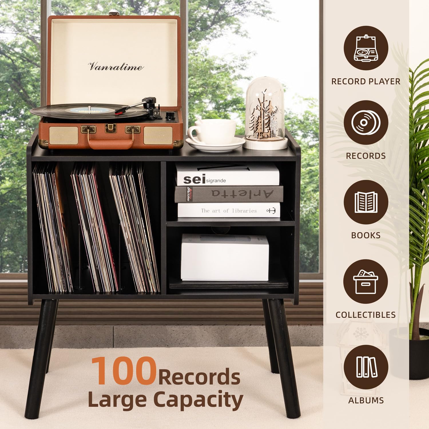 Supporto per giradischi, tavolo per giradischi metà secolo con spazio per riporre fino a 150 album, armadietto per dischi in vinile con ripiani regolabili, supporto girevole in legno per