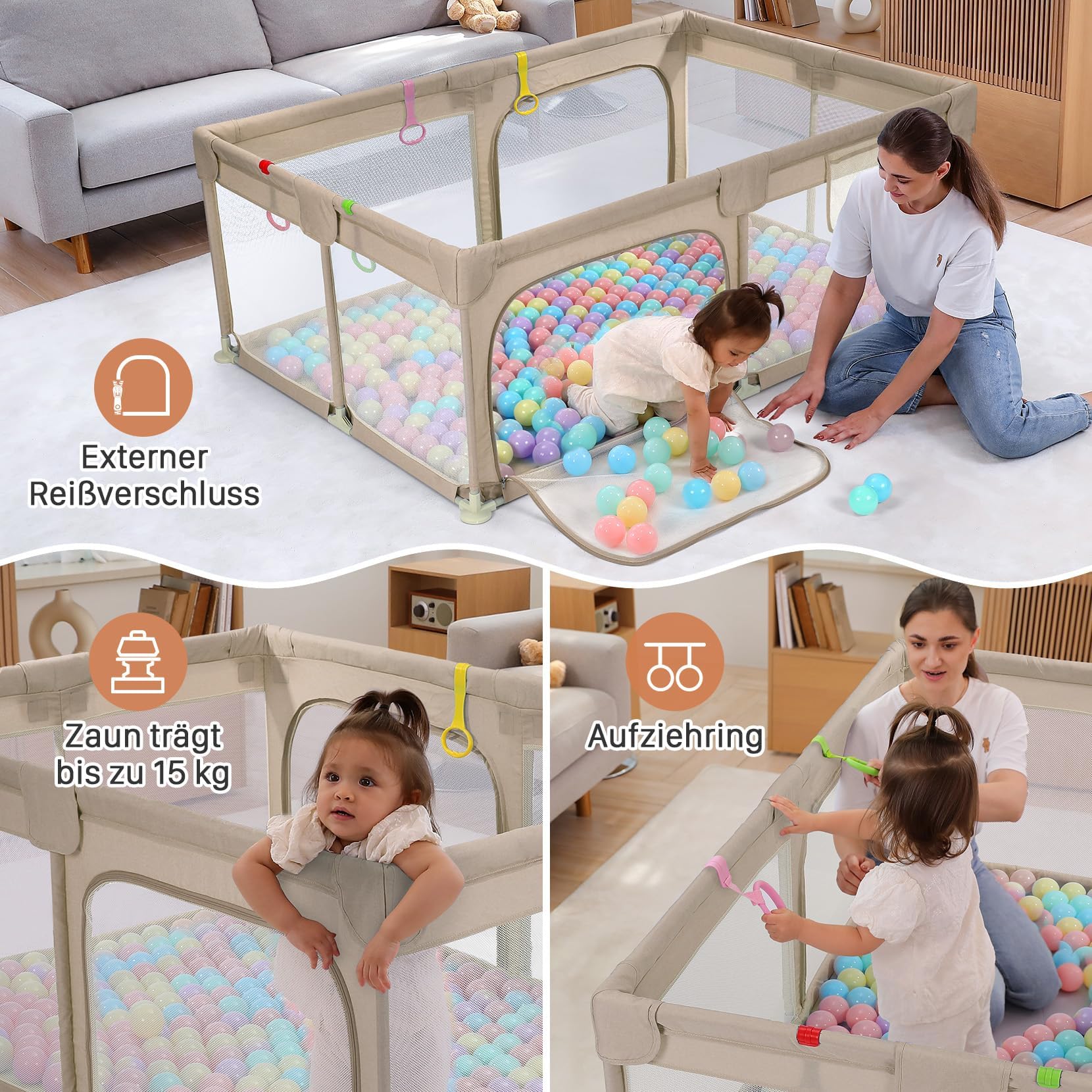 Dripex Laufgitter für Babys, Laufstall mit atmungsaktivem Netz, Spielgitter für Babys, 5 Laufgitterringe, 120 x 180 cm, Braun | 120 x 180 cm, atmungsaktives Oxford-Gewebe, 5 Ringe