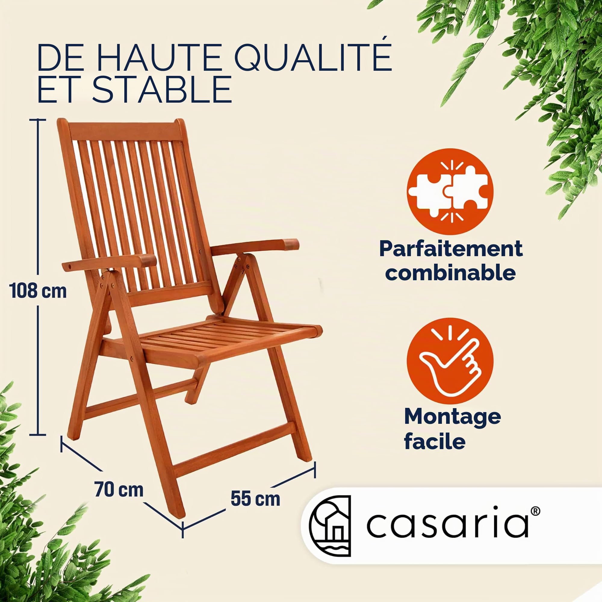 Casaria Chaises Pliantes Vanamo Bois d'eucalyptus Set de 4 | Chaise de jardin fauteuil terrasse pliable balcon