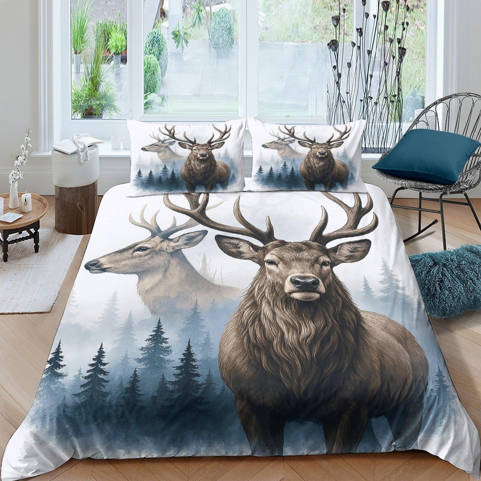 Ctjqhvkz Style-10 3D Printed Forest Elk Fitted Sheet Microfiber Soft Anti-Slip Stag Mattress Cover Bedroom Dorm Easy Care Rustic Decor Single（135X200cm）