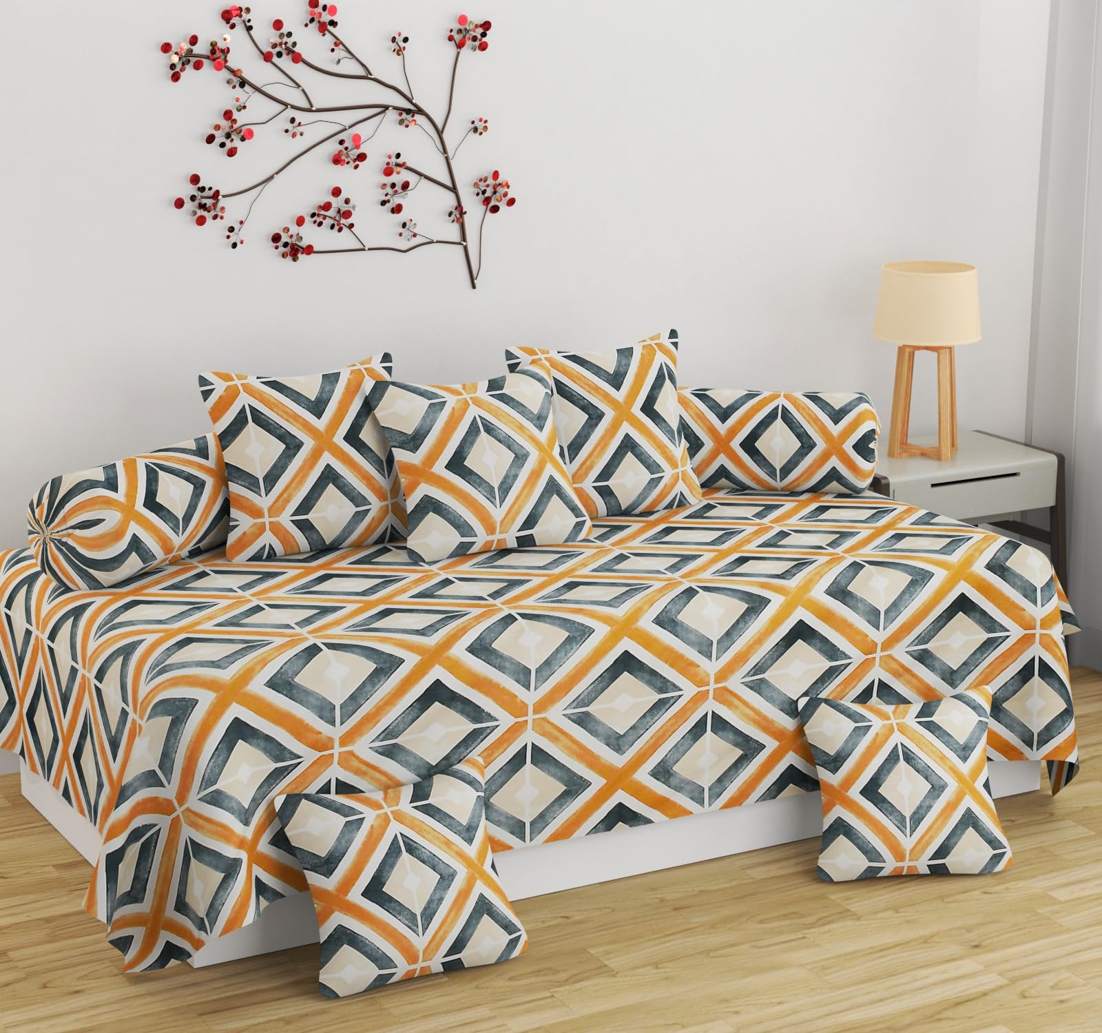 Pure Cotton Designer Printed Standard 6 Pieces Diwan Set Bedsheet Covers (1 Single Bedsheet, 2 Bolster Covers, 3 Cushion Covers, Multicolor Beige and Dark Grey)-image-43