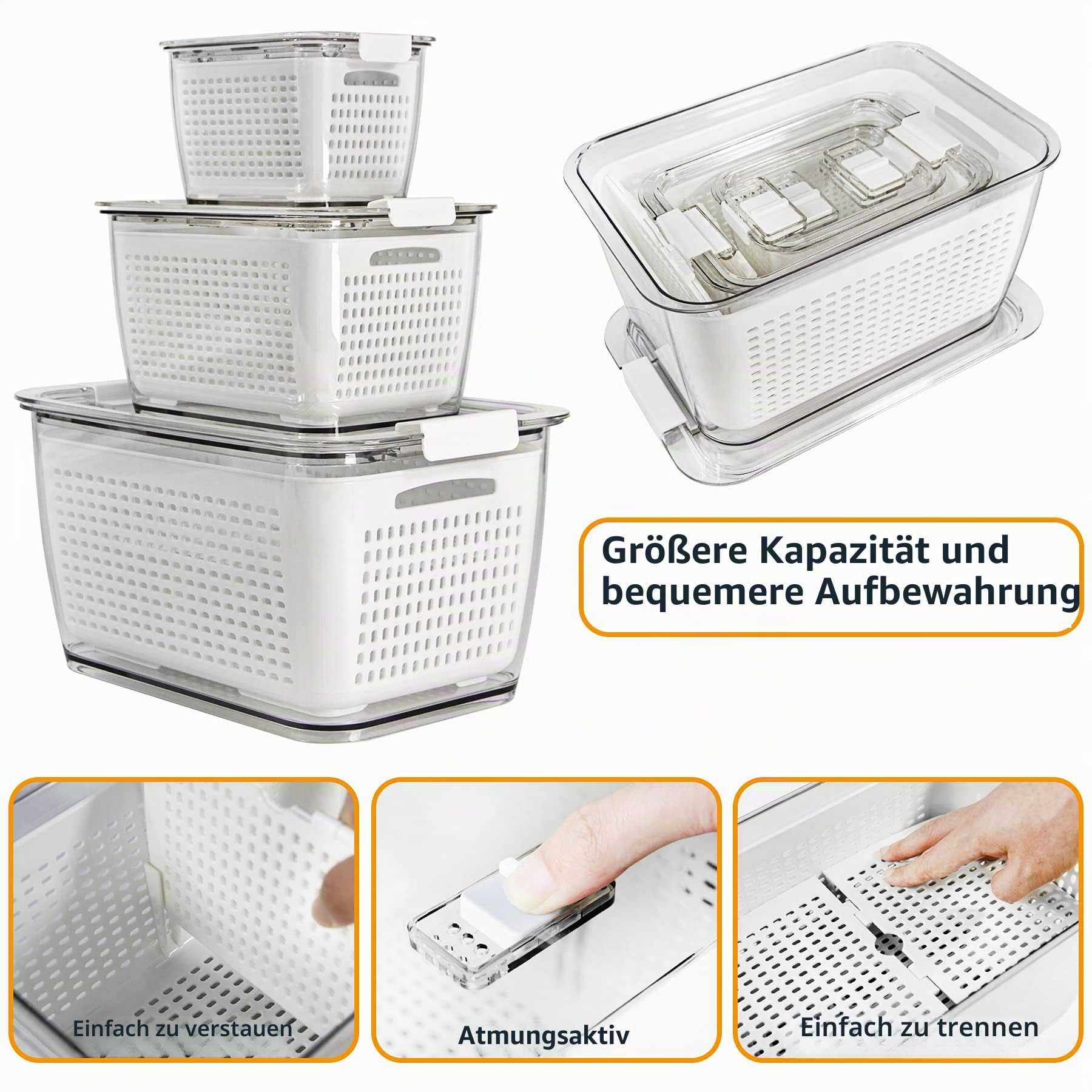 Spesh Frischhaltedosen Set Kühlschrank Organizer Wiederverwendbar Vorratsdosen 3er-Set (0,5L+1,7L+4,5L) Kunststoff Kühlschrank Organizer Set mit Deckel und Abtropfsieb (Weiß,3er Set)