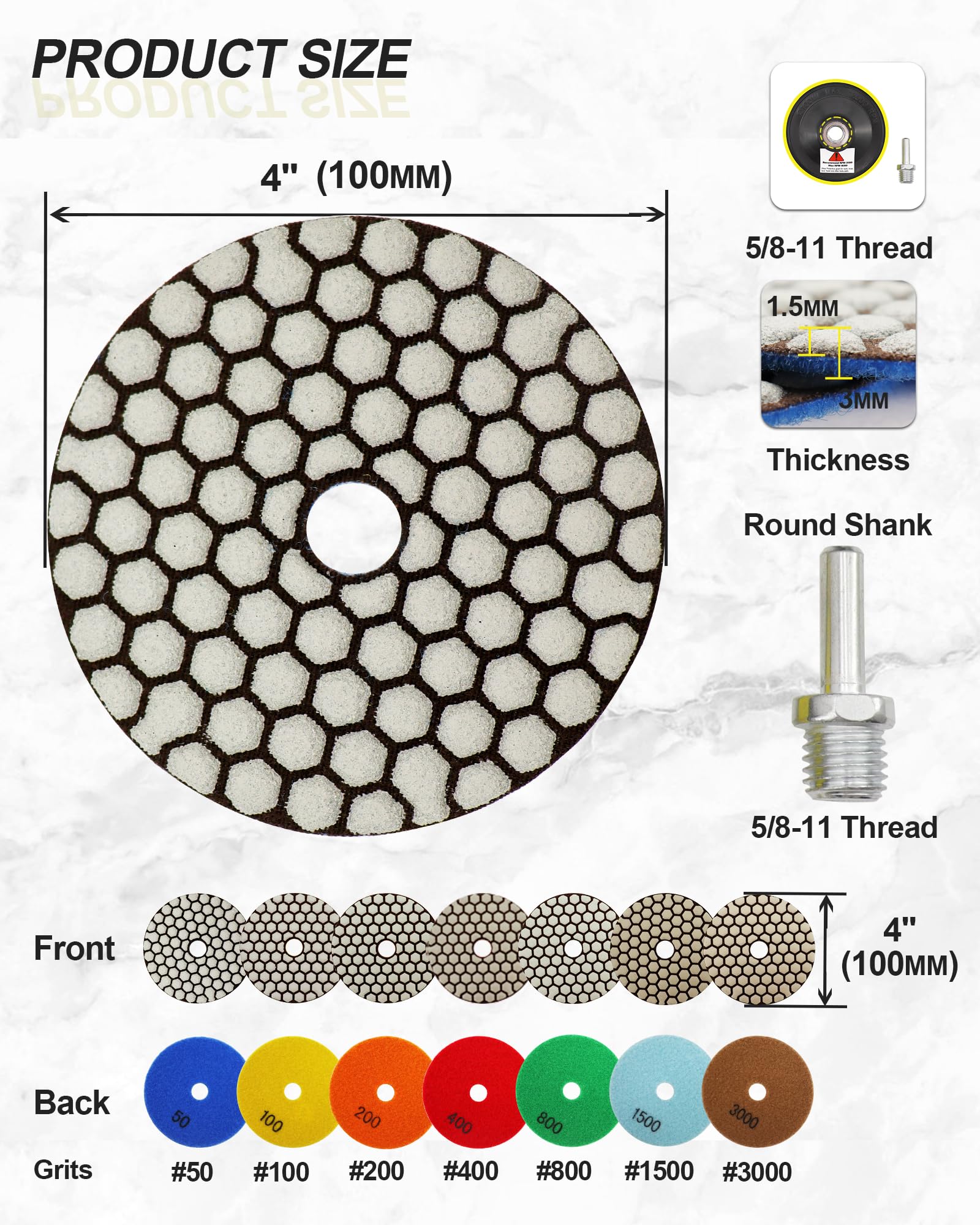 Droog Diamant Polijsten 100mm - 7 stks Grit 50/100/200/400/800/1500/3000 Polish Pad Kit met M14 Backer Pad Adapter voor Graniet Marmer Kunstmatige Steen Quartz voor Haakse Slijper SANLEETEK