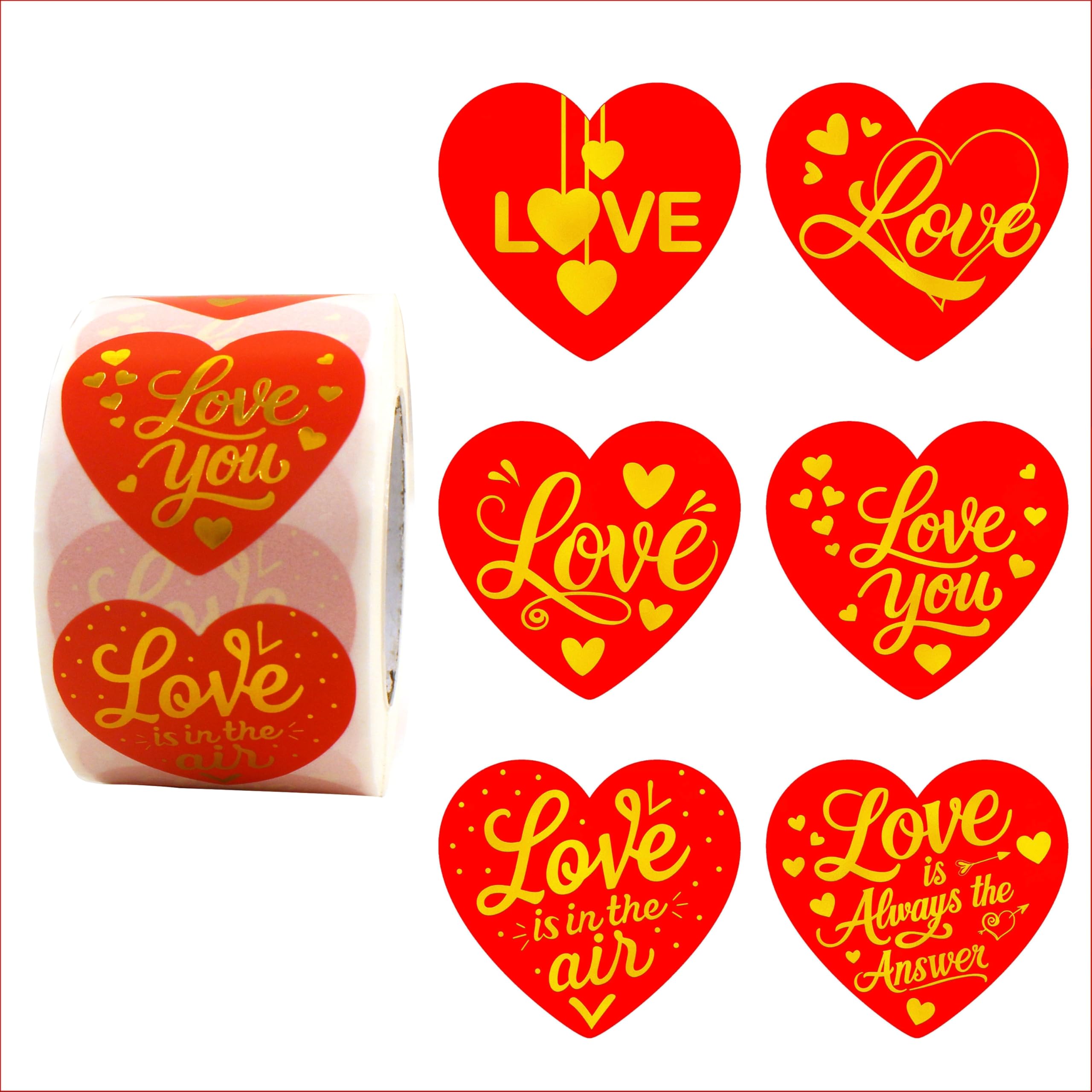 Masper Heart-Shaped Love Stickers, 3.8cm, 500 Sheets, 6 Gold Foil Shiny Designs, Valentines Stickers for Valentine's Day Decorations Gifts Cards Crafts Envelopes Sealing
